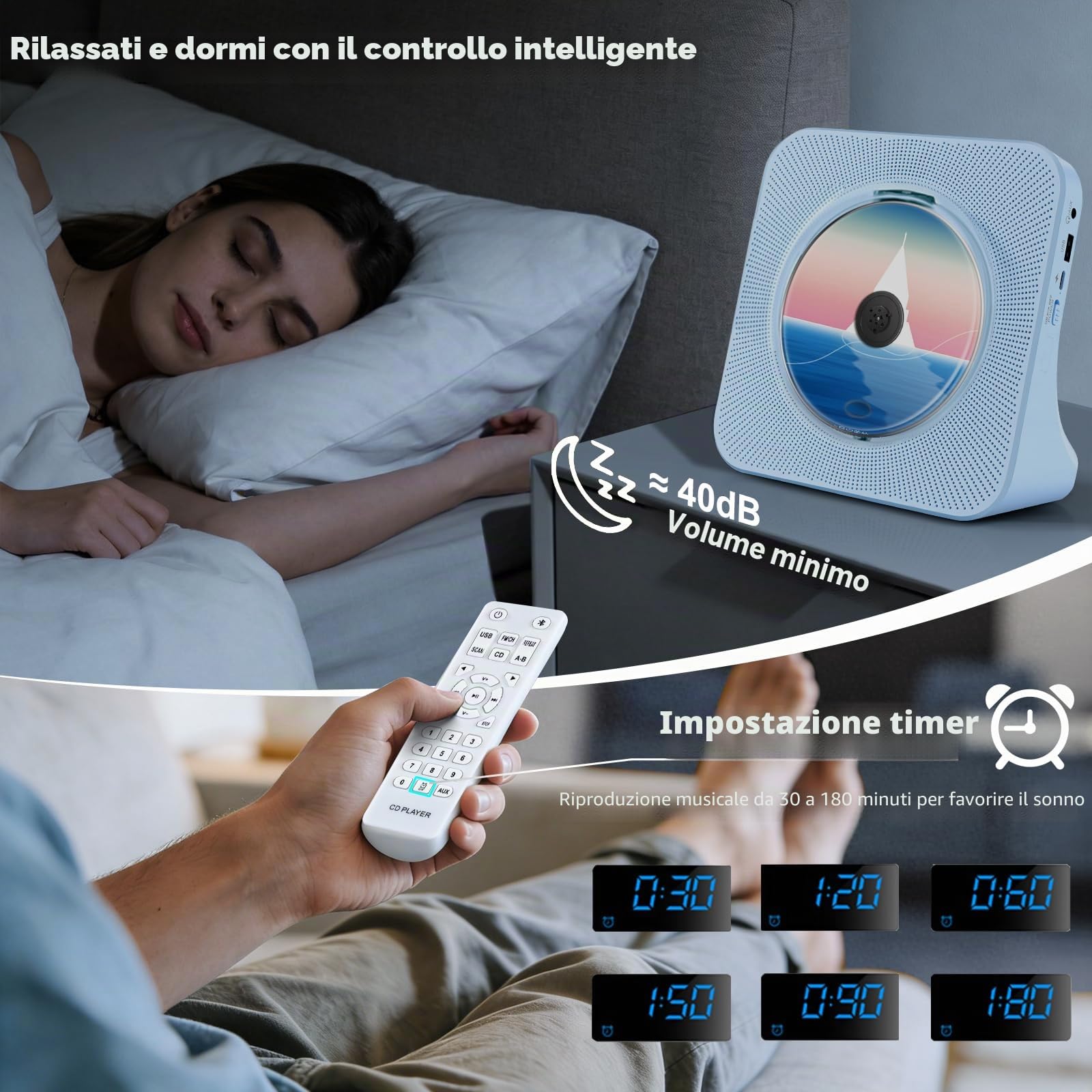 Lettore CD Portatile Casa, CD Player Bluetooth Casse Integrate con Timer