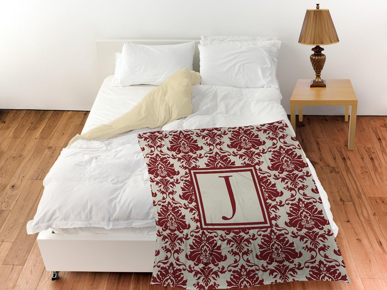 Manual Woodworkers & Weavers Coral Fleece Throw, 30 by 40-Inch, Monogrammed Letter J, Crimson Damask