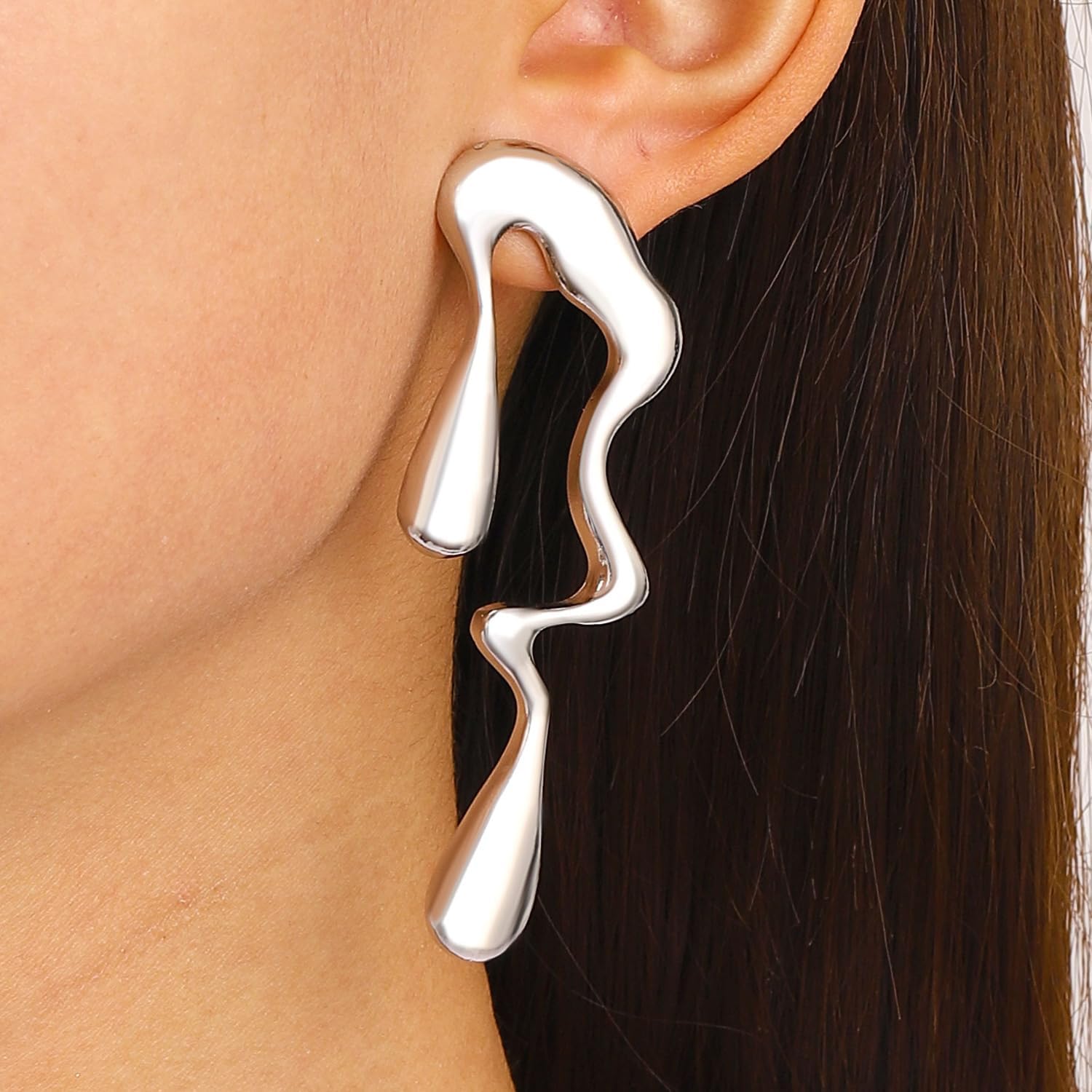 Irregular Waterdrop Earrings Asymmetry Liquid Metal Earrings Thick Hypoallergenic Dangle Earrings Statement Earrings Jewelry Gifts for Women (silver) - Image 2