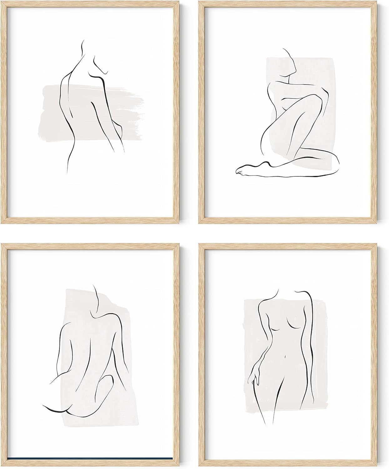 RipGrip Minimalist Female Figure Wall Art – Set of 4 Neutral Line Art Prints, Minimalist Wall Decor, Beige Wall Art (Beige Frame, 11x14)