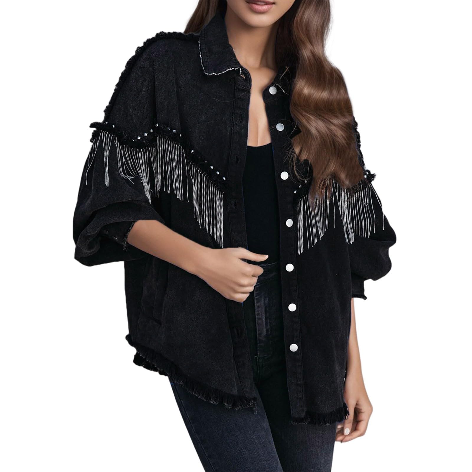 Jeansjacke Damen Oversized Denim Jacke Lässige ausgefranste Quaste Schwarze Jeansjacke für Frauen Mode Fransen Strass Cowgirl Jeans Mäntel Cowgirl-Jeansjacke Langarm Strickjacke Streetwear