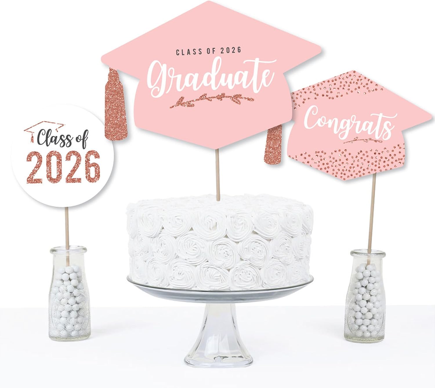 Big Dot of Happiness Graduation Centerpieces for Tables 2026. 15pc Unique Rose Gold Table Decorations with Sticks. Durable Toppers for The Class of 2026 Celebration and Graduation Party Decor