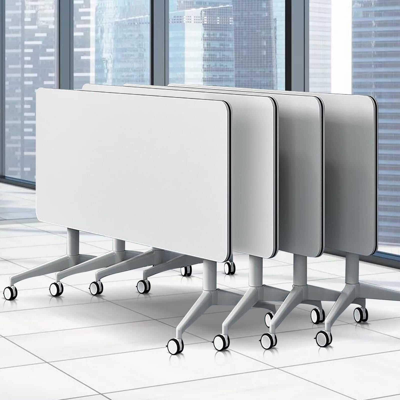 Klappbarer Konferenztisch, moderner, 1,80 m großer, weißer Meeting-Klapptisch mit großer mobiler Trainings- und Seminarkonsole mit leisen Rädern für Büro, Klassenzimmer, 4-teilig, 120 x 60 x