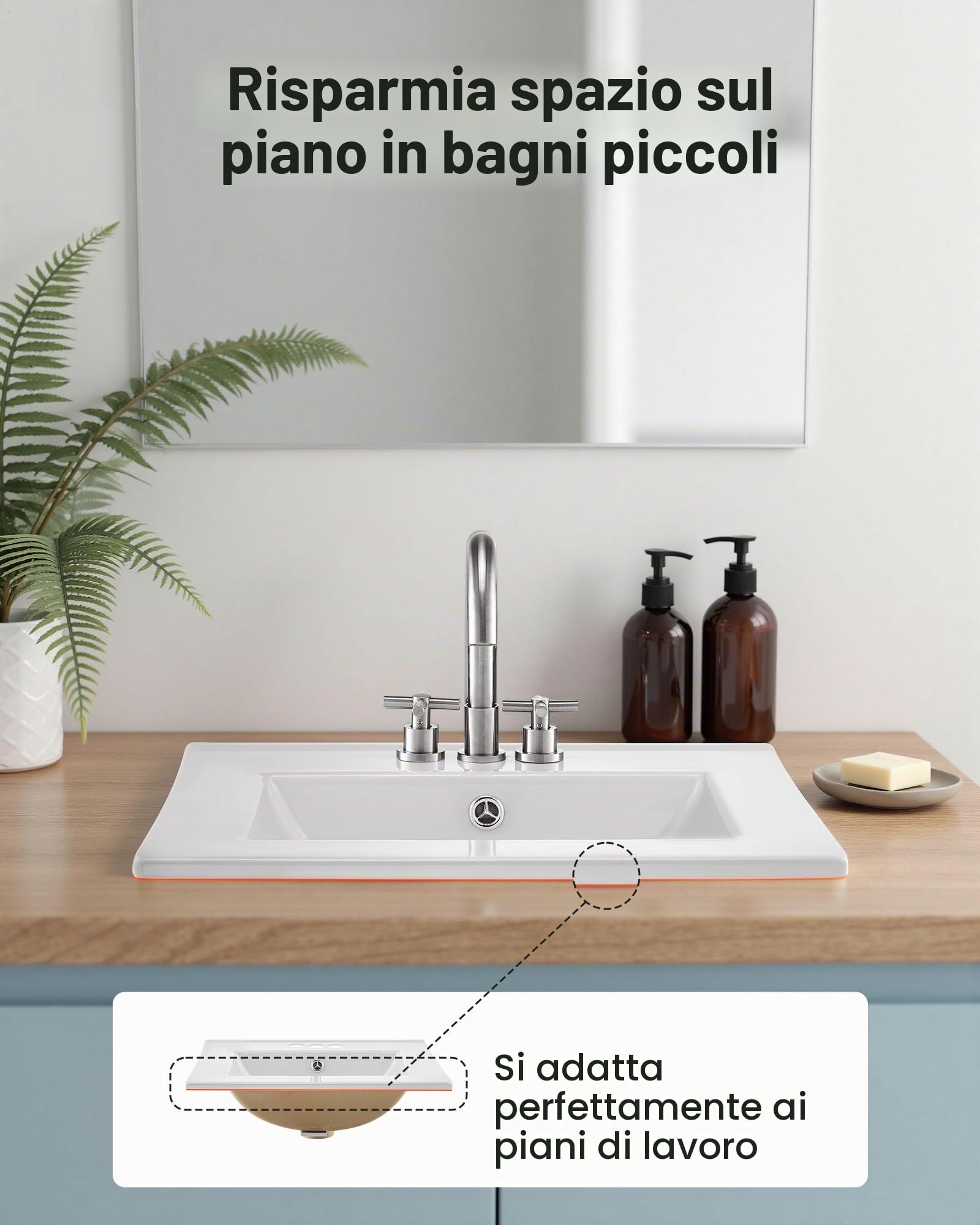 VEVOR Lavabo Semi Incasso in Ceramica da Appoggio 510 x 465 mm con 3 Fori Preforati, Lavabo Moderno per Cucina Bagno nel Piano di Lavoro, Foro del Rubinetto 35 mm, Lavello Bianco