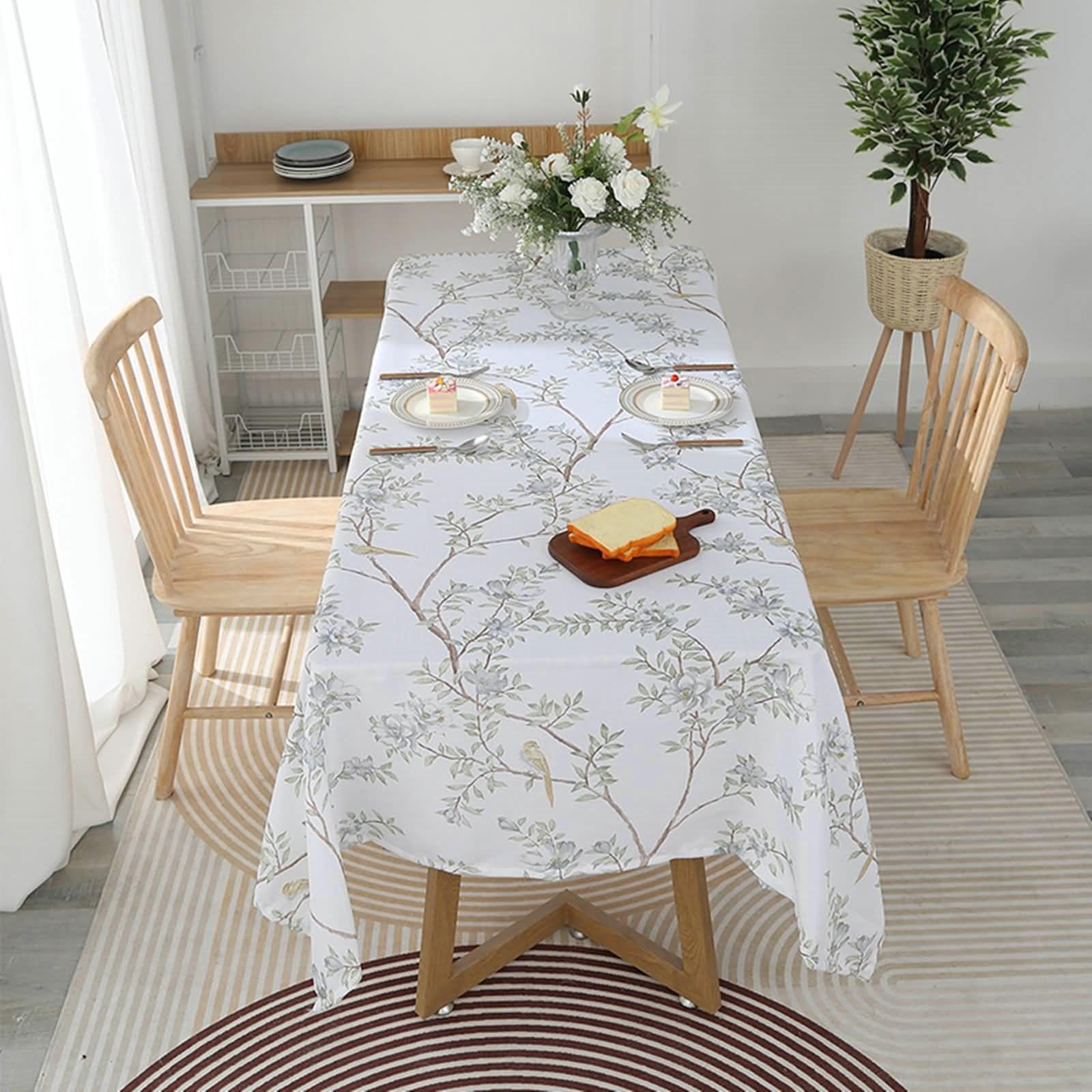 Tovaglia Tavola 140 x 220cm, Tovaglia Lavabile Rami di Alberi e Uccelli Tovaglia Rettangolare Verde Chiaro Bianco