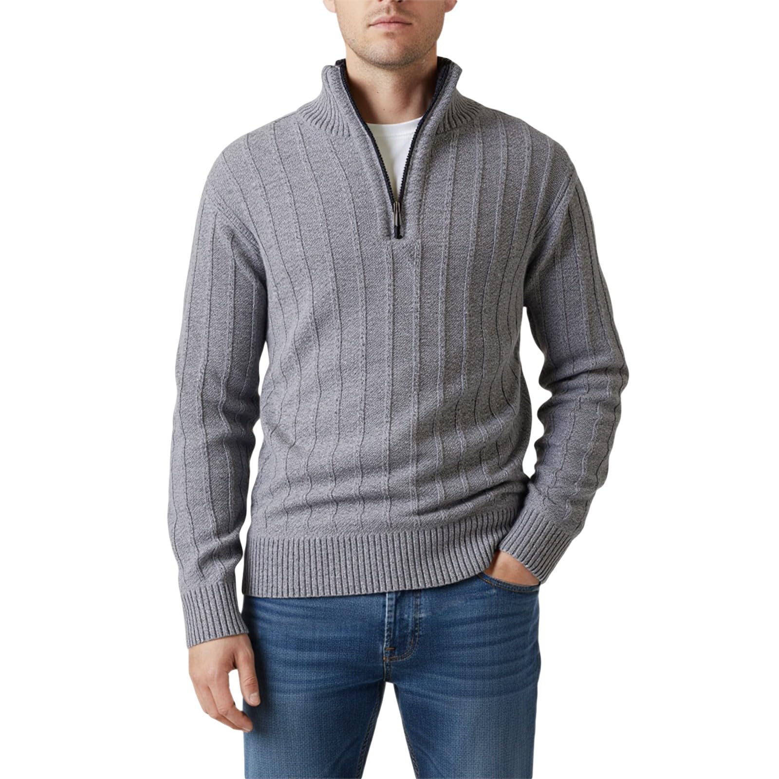Generisch Jersey de punto para hombre, suéter de trabajo con cremallera, cuello en V, cuello alto, jersey de invierno, cremallera 1/4
