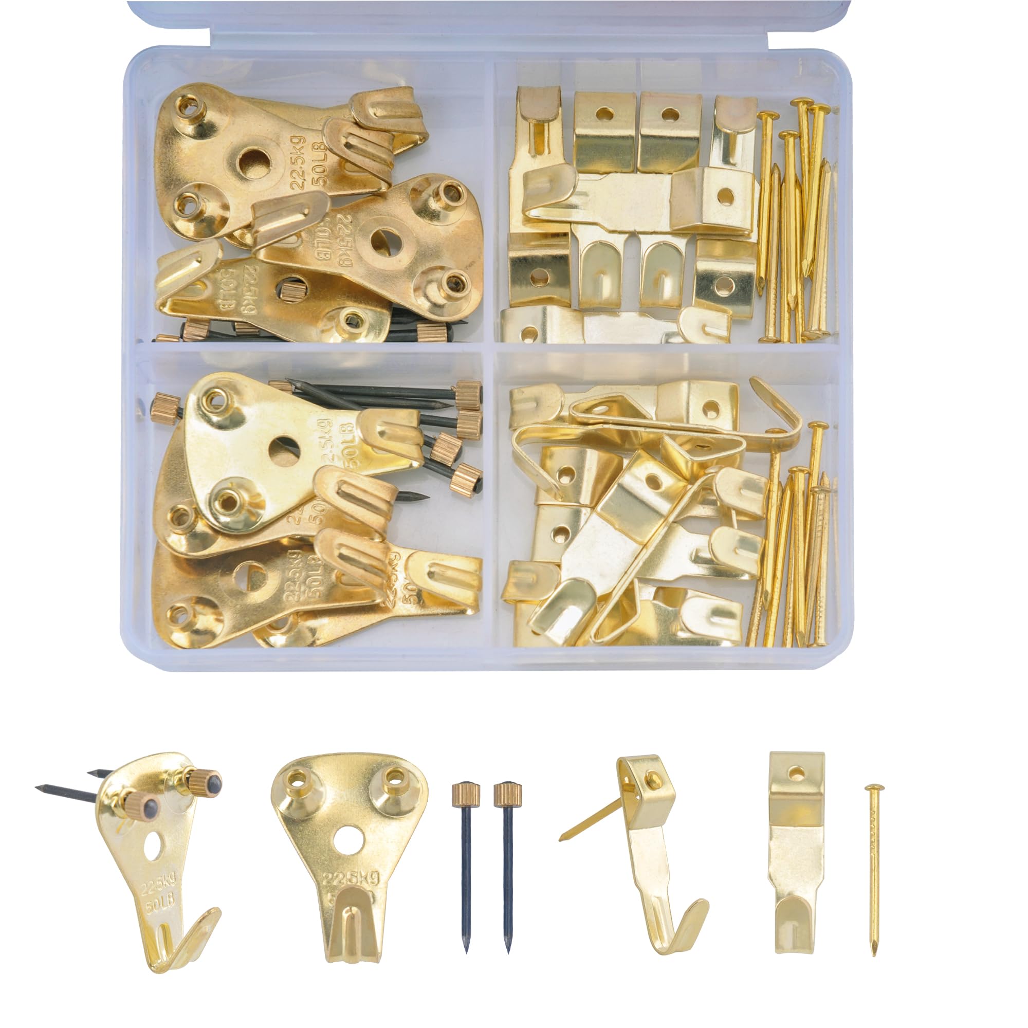 SZWLJ 56PCS Picture Hooks Set, Includes 30 & 50 lbs Frame Hooks and Nails - Picture Hanging Kit for Hardwall Hanging of Clocks, Photos, Bags, Canvas Paintings.