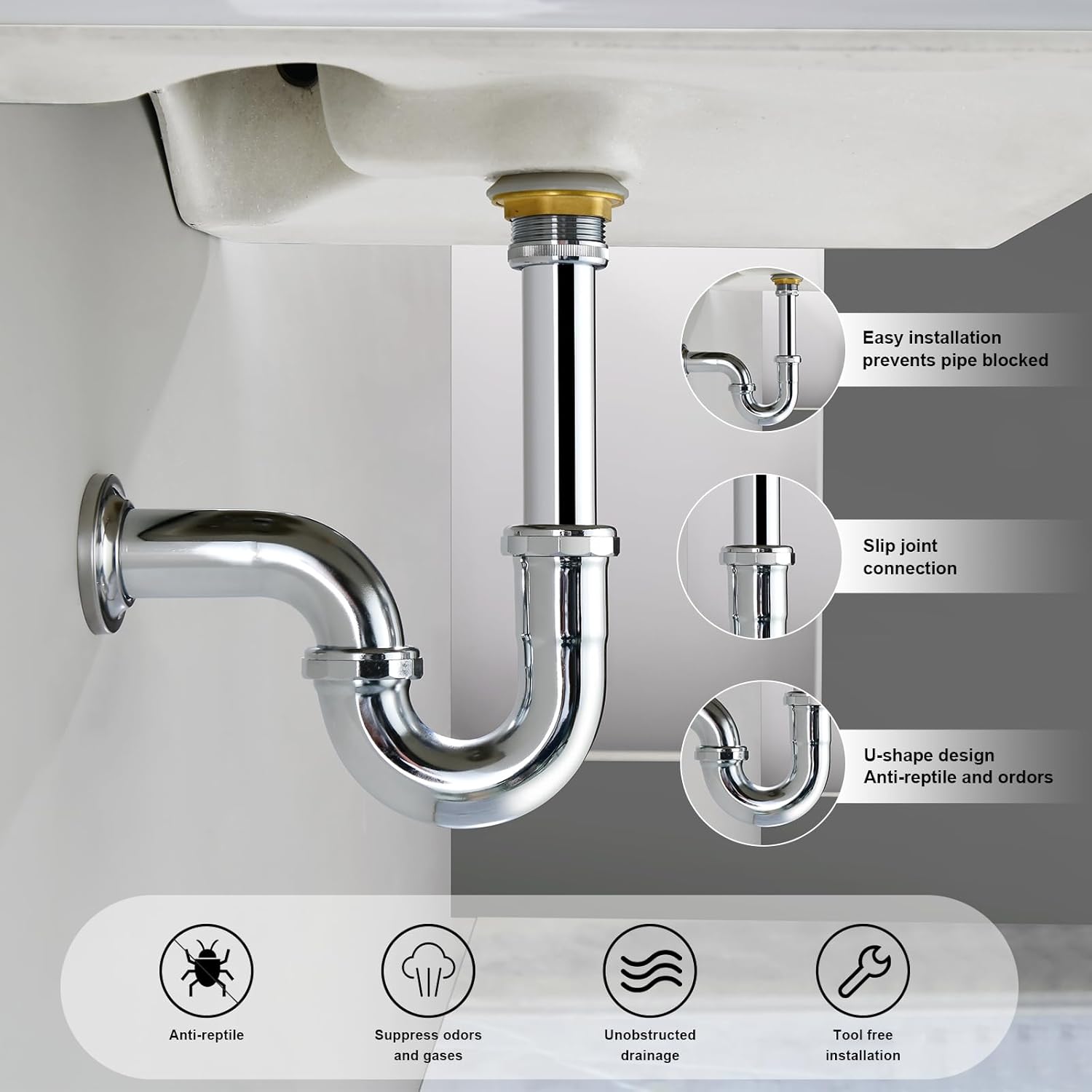 ZM Brass P-Trap Pipe with Clean Out Basin Sink Waste Kit with Reducing Washer 1-1/2'' 22GA