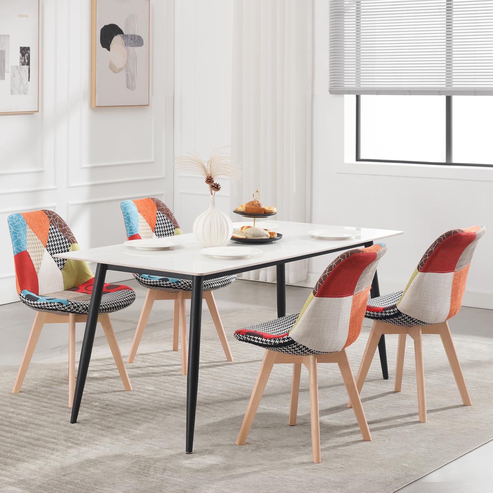 WOLTU 4 X Chaises Salle à Manger, Chaise Patchwork, en Lin + Bois Multicolore BH29mf-4