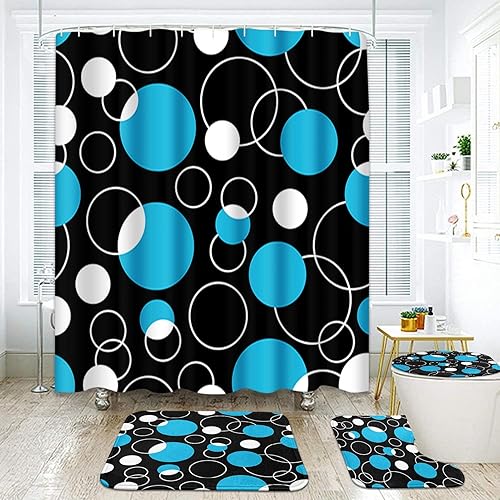 Arttown Juego de baño azul con cortina de ducha y alfombras y accesorios, juego de cortinas de ducha negras y azules, cortinas de ducha geométricas