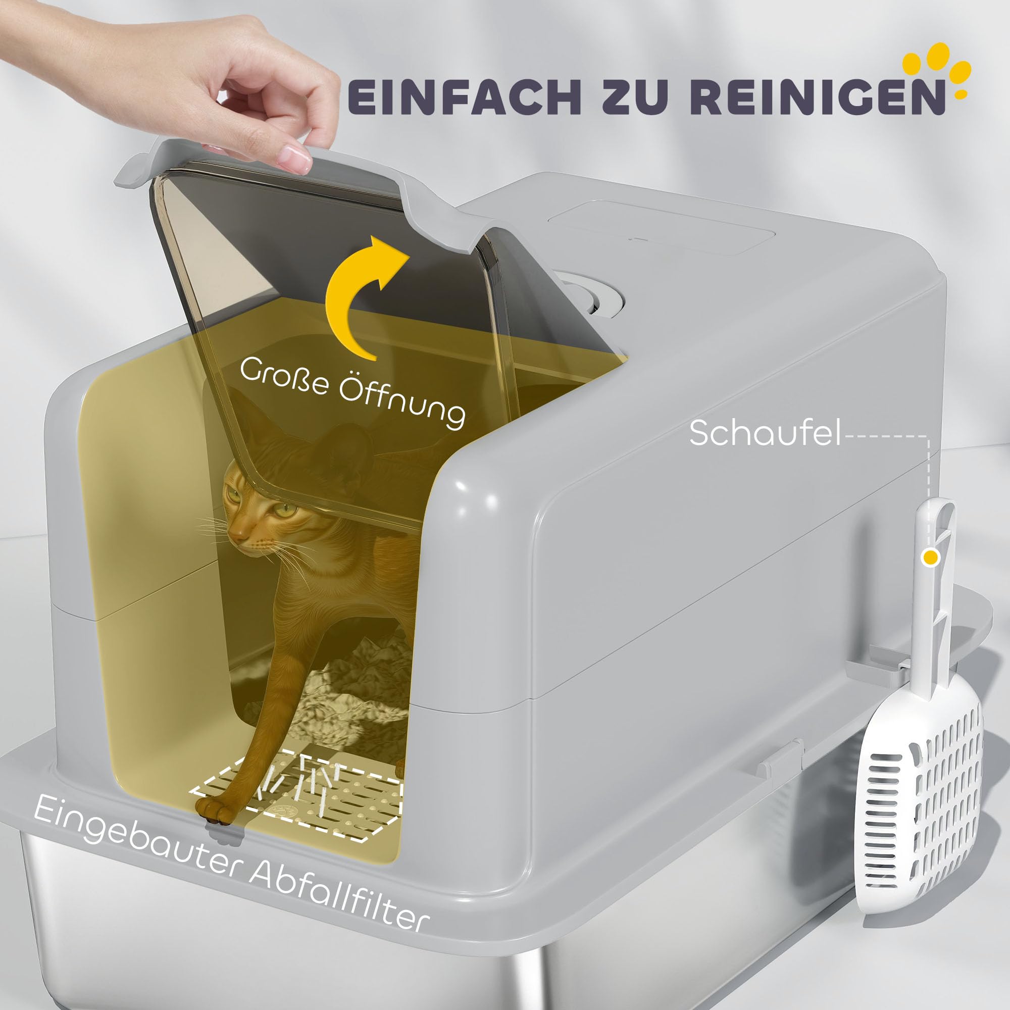 Bandeja Sanitaria PawHut de Acero Inoxidable con Tapa, Bandeja Sanitaria con cubeta, Filtro de Arena Incorporado, Incluye recogedor de Arena, para Gatos Grandes, Gris | Inodoro para gatos de acero inoxidable con bañera, filtro difuso integrado, pala para