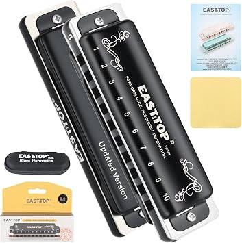 EAST TOP T008K 2.0 Update Harmonica Key of G,10 Holes Diatonic Mouth Organ with Zipper Case,Standard Deluxe Blues Harmonica For All Levels,Professionals,Beginners and Students,as a Gift