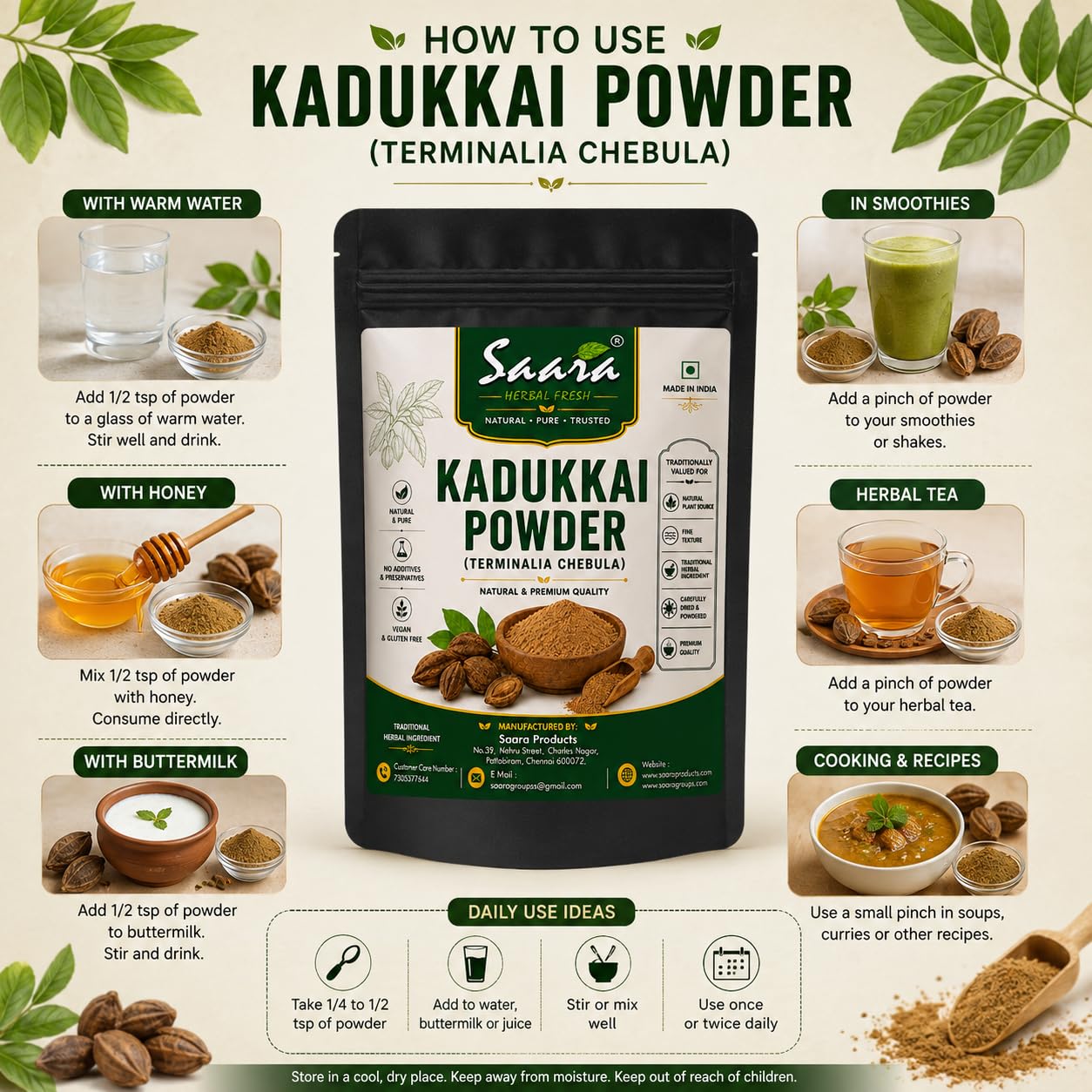 Saara HERBAL FRESH Kadukkai Powder, 200g, Haritaki, Harad, Terminalia Chebula, Karakkai, Black Myrobalans Powder,(pack of 2 x 100g) — Amazon image 3