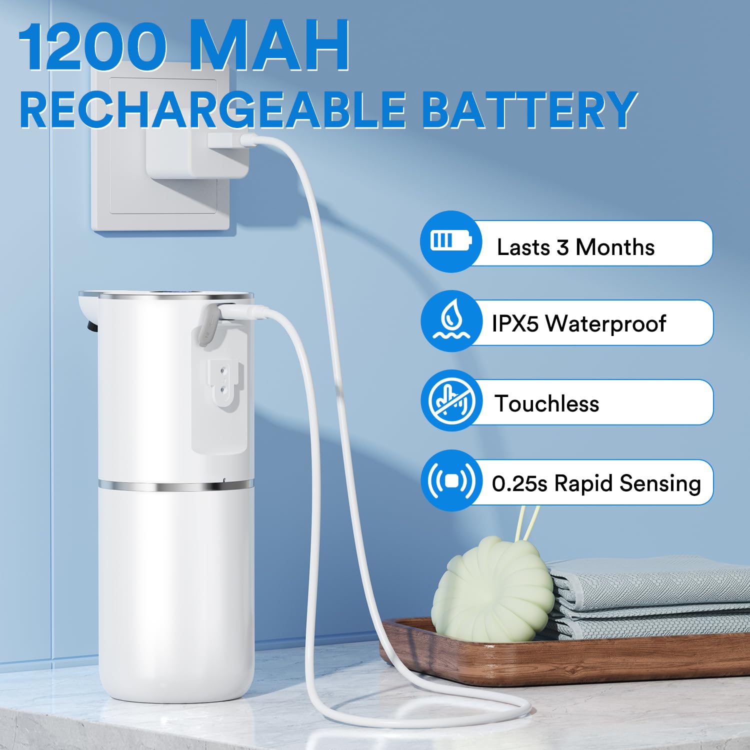 Fachixy Dispensador de jabón automático con Pantalla Digital, sin Contacto, Montaje en Pared, dispensador de jabón de baño, Recargable, 380 ml, IPX5 Impermeable para baño, Cocina