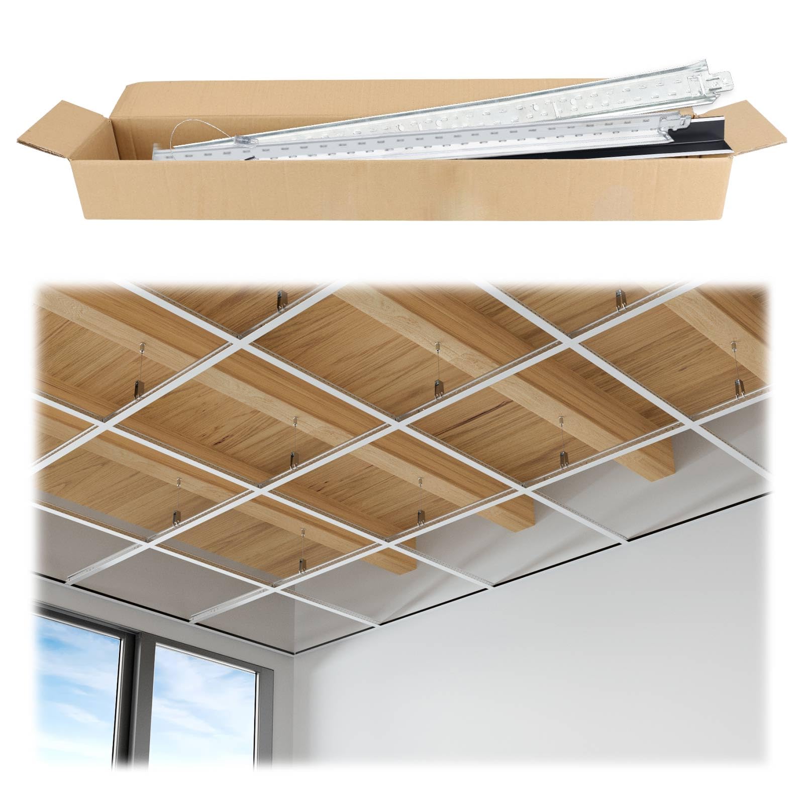 Muzata 64 Sq Ft Drop Ceiling Gird System White Complete Set Galvanized Steel Grid Kit Easy Installation for Basement Living Room Kitchen Bathroom Ceiling, TS04