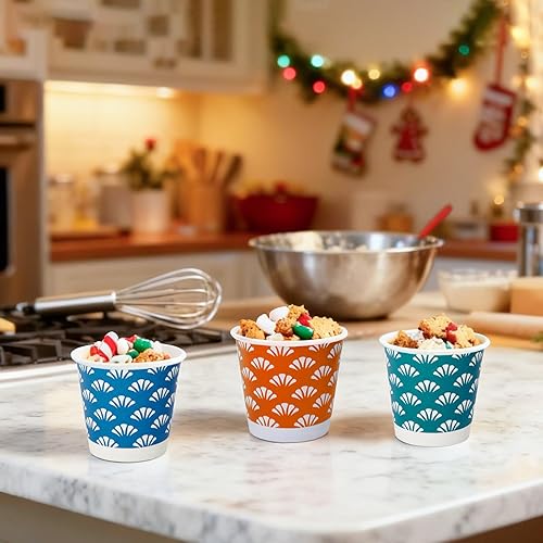 Miniatura 6 de JollyPack Paquete de 1200 vasos desechables de papel de baño de 3 onzas, vasos pequeños para enjuague bucal en naranja, azul y verde, ideal para