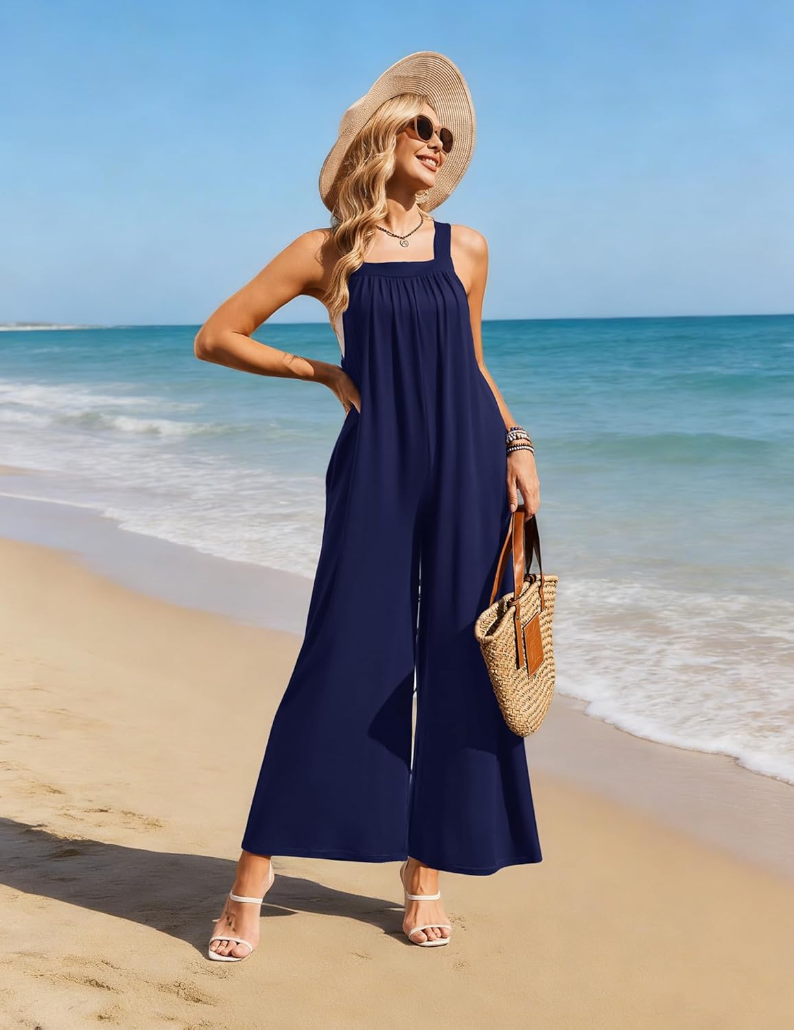 Ekouaer Casual Jumpsuits for Women Adjustable Straps Overalls One Piece Jumpsuit Wide Leg Rompers With Pockets S-XXL - Image 2