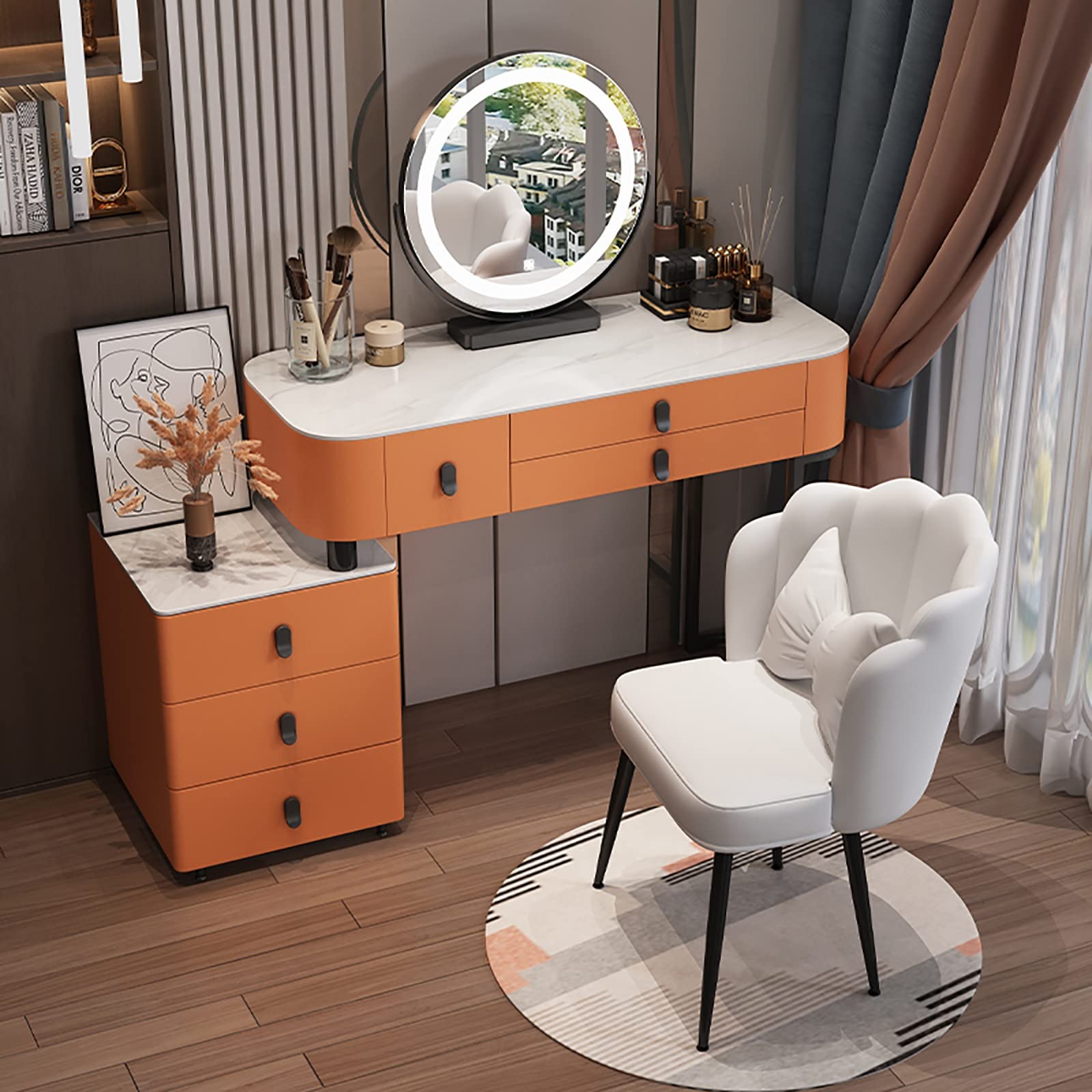asdchZen Glamorous Makeup Lights Dressing Table Set With Detachable Mirror & Nightstand Gray 100Cm/39.4In Stylish Vanity Desk & Cushioned Stool For Bedroom
