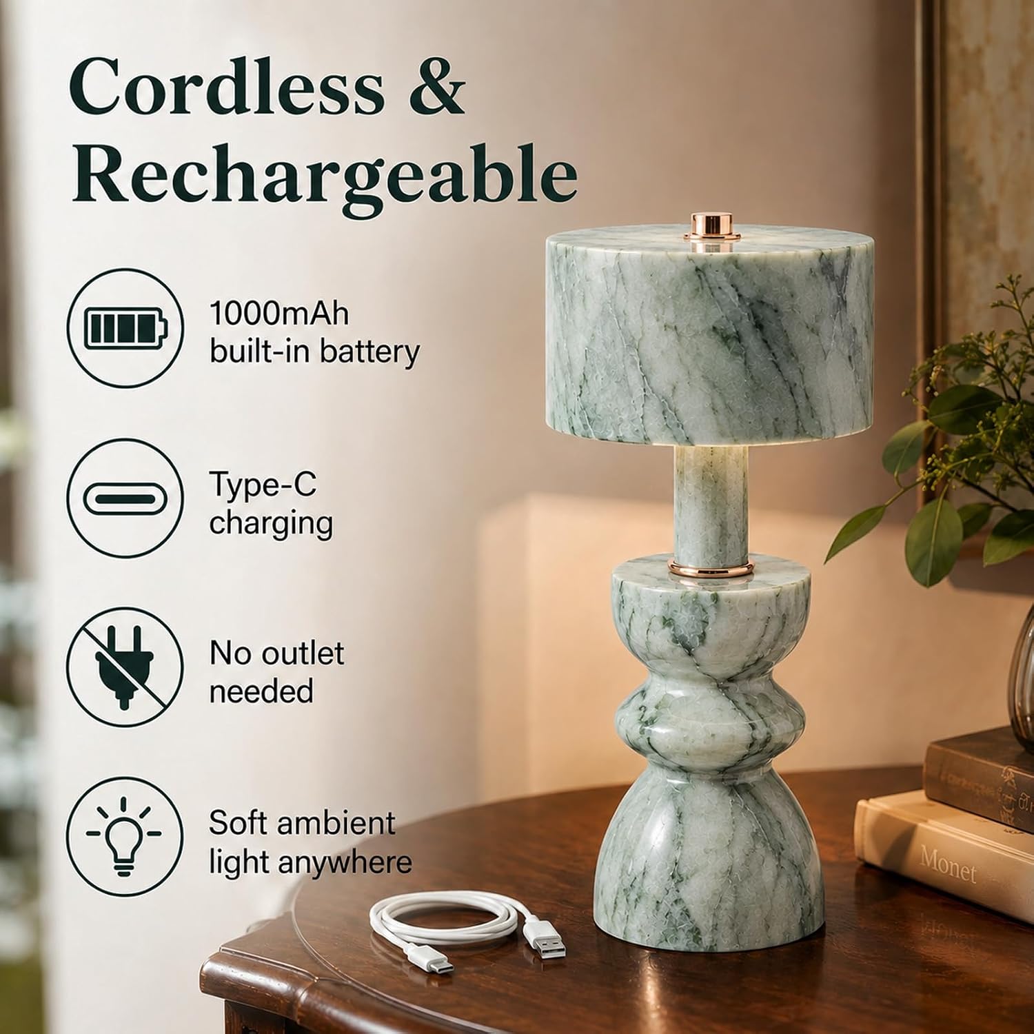 Green Marble Touch Lamp,Cordless and Rechargeable Marble Light image 4