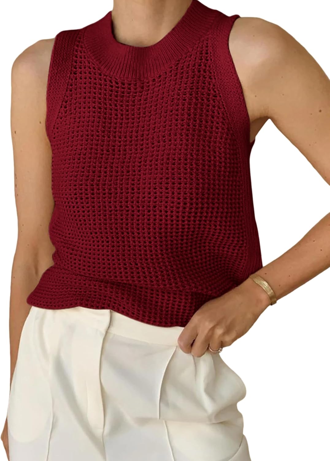 Yeokou Women Crochet Tanks Knit Sleeveless Crewneck Vest Solid Color Summer Pullover Top Blouse