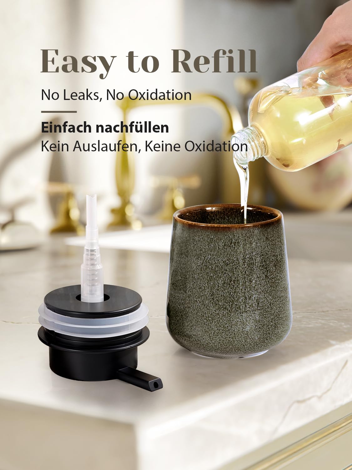 Seifenspender aus Natürlichem Porzellan Spülmittelspender, 350ml Seifenspender Steingut Soap Dispenser für Bad, Küche, Nachfüllbar Flüssigseife Spender mit Groß Pumpenkopf, Grün Braun