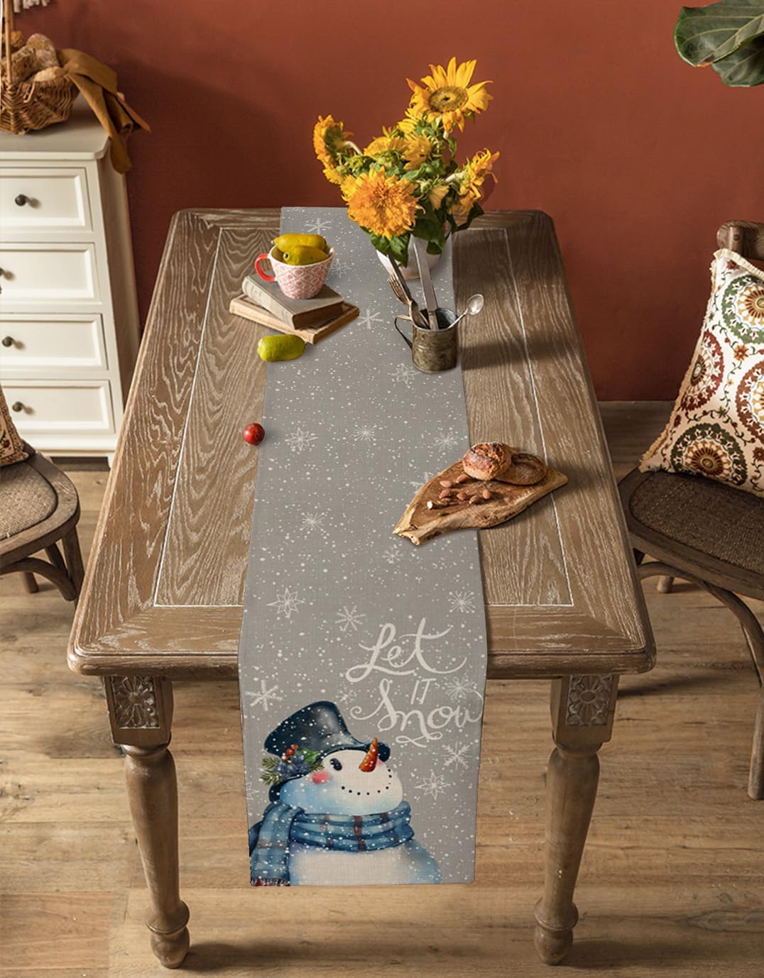 Christmas Table Runner, Grey Snowman Let It Snow Winter Table Runner 108 Inches Long Seasonal Christmas Holiday Table Decoration for Indoor Outdoor Party, 13 x 108 Inch