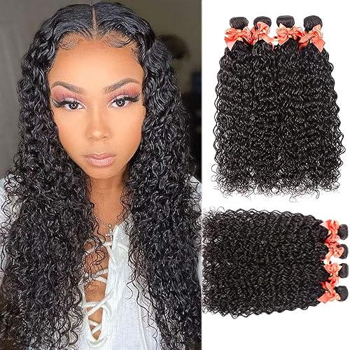 Brazilian Virgin Hair Water Wave Bundles 100% Unprocessed Wet and Wavy Weave 4 Bundles Curly Wave Bundles Human Hair Extensions Natural Black (16 18 20 22 inch)
