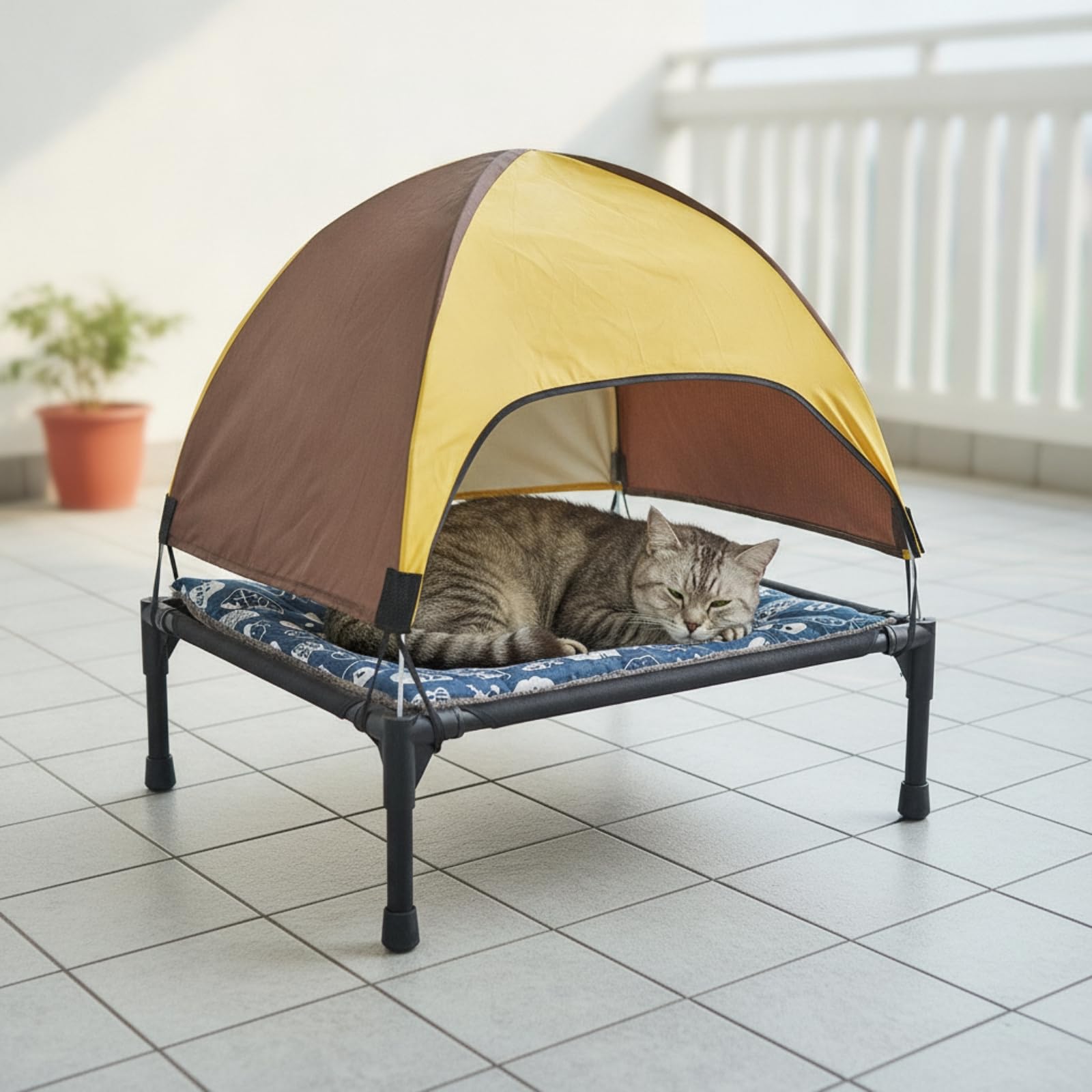 predolo Weich Stoffmaterial-Katzenzelt mit Vier | Katzen-Schlafplatz mit erhöhter Plattform, Nest-Katzenzelt, für Balkon, Terrasse, Camping