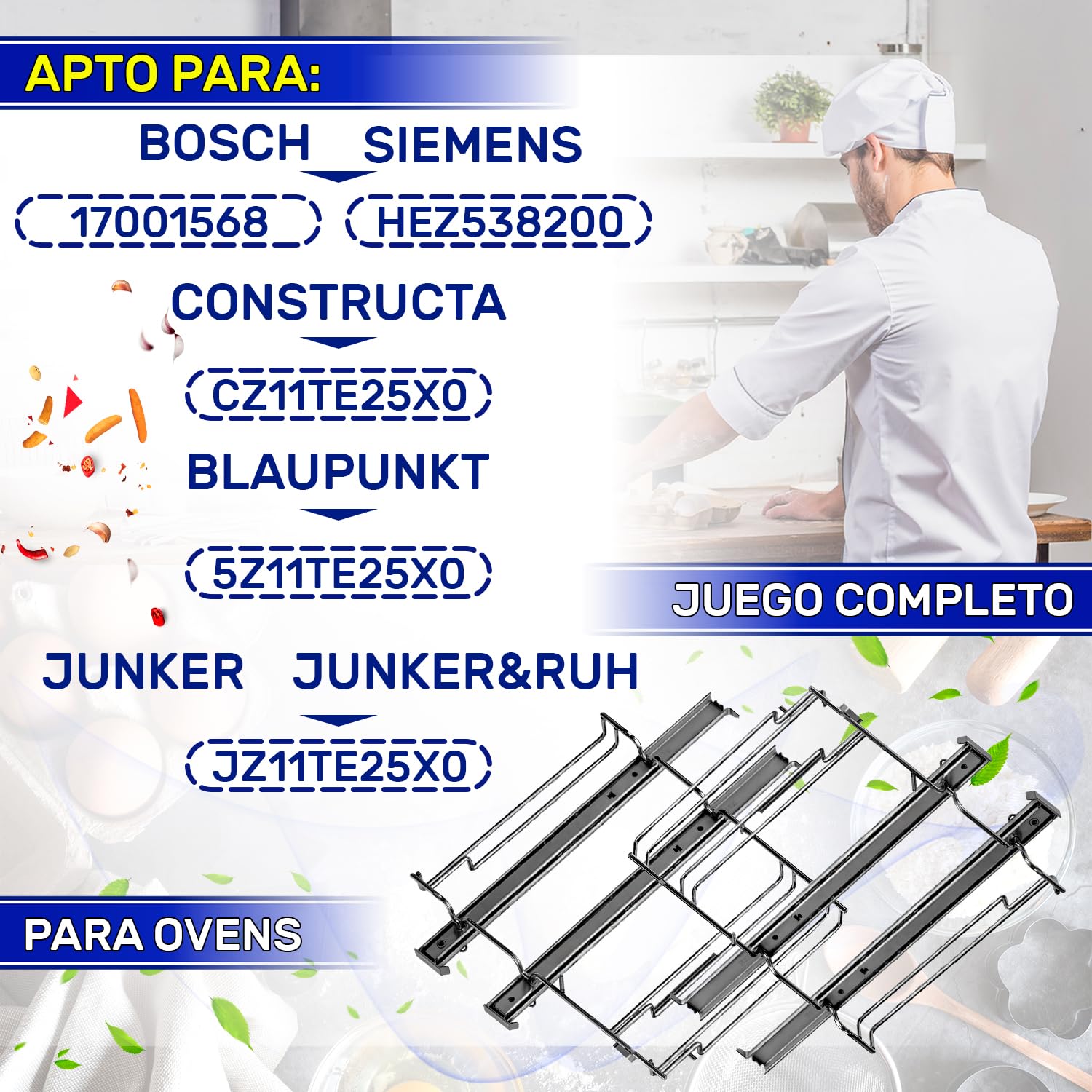 2x Rieles Telescópicos Horno 2 Niveaux HZ538200 para Bosch para Siemens | 17001568 CZ11TE25X0 para Constructa JZ11TE25X0 para Junker - Garantía de 10 Años - MONTERAL