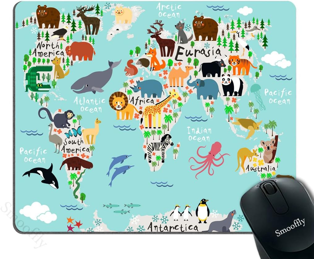 Smooffly Map Mouse Pad Office, Animal Map of The World for Cartoon Mountains Tree Image, Rectangle Non-Slip Rubber Mousepad, Blue Green