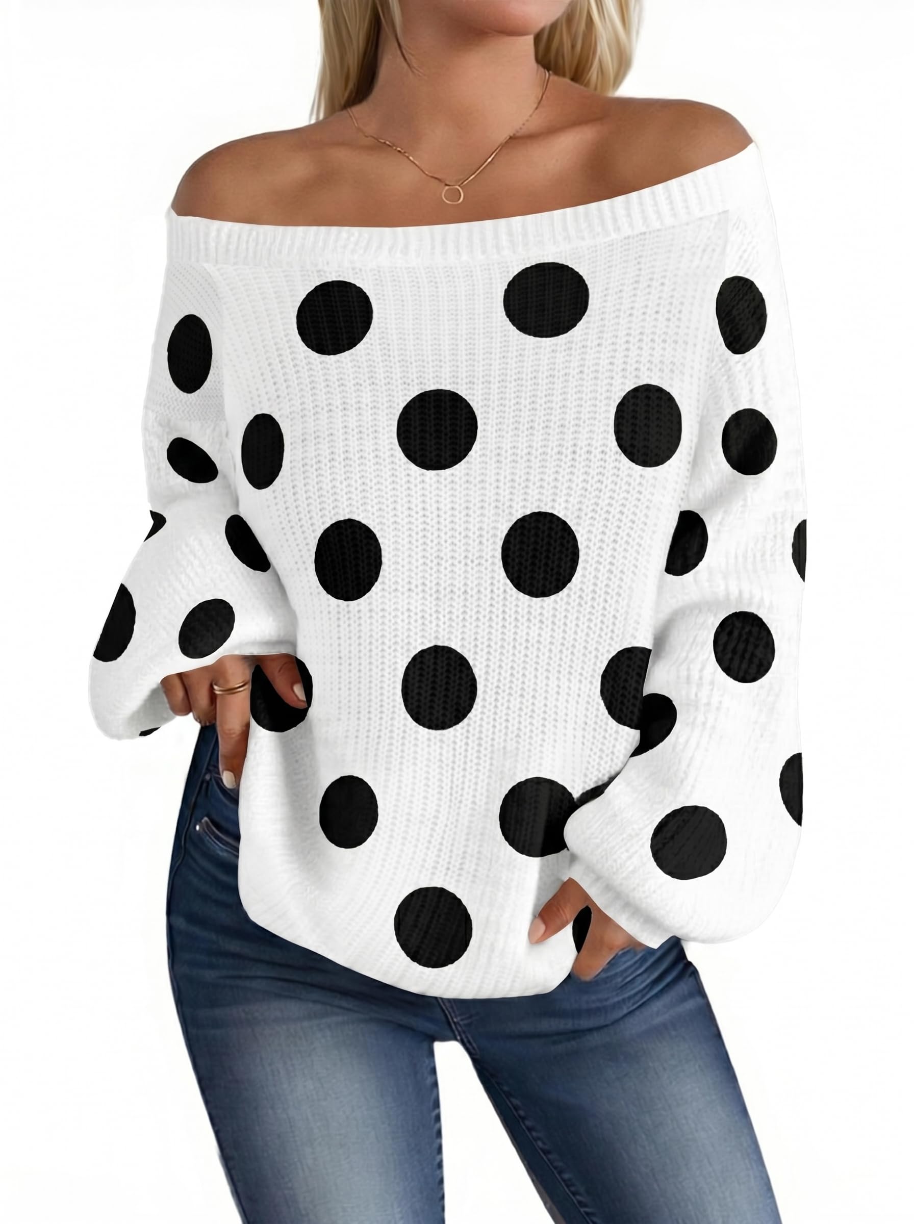 MARZXIN Women's 2026 Fall Long Sleeve Sweaters Casual Loose Striped Off Shoulder Casual Oversized Knitted Sweater Pullovers