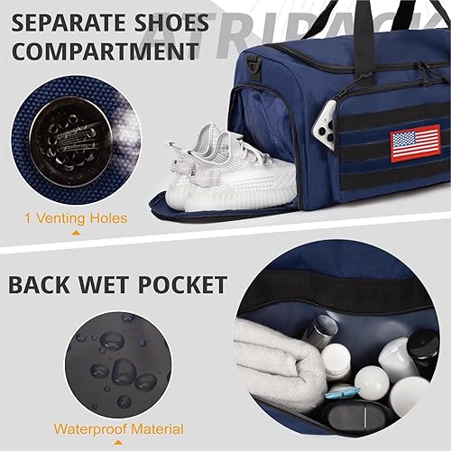 Miniatura 7 de Bolsa táctica de gimnasio para hombres, bolsas de lona de gran capacidad de 40 L con compartimento para zapatos, bolsa deportiva con compartimento