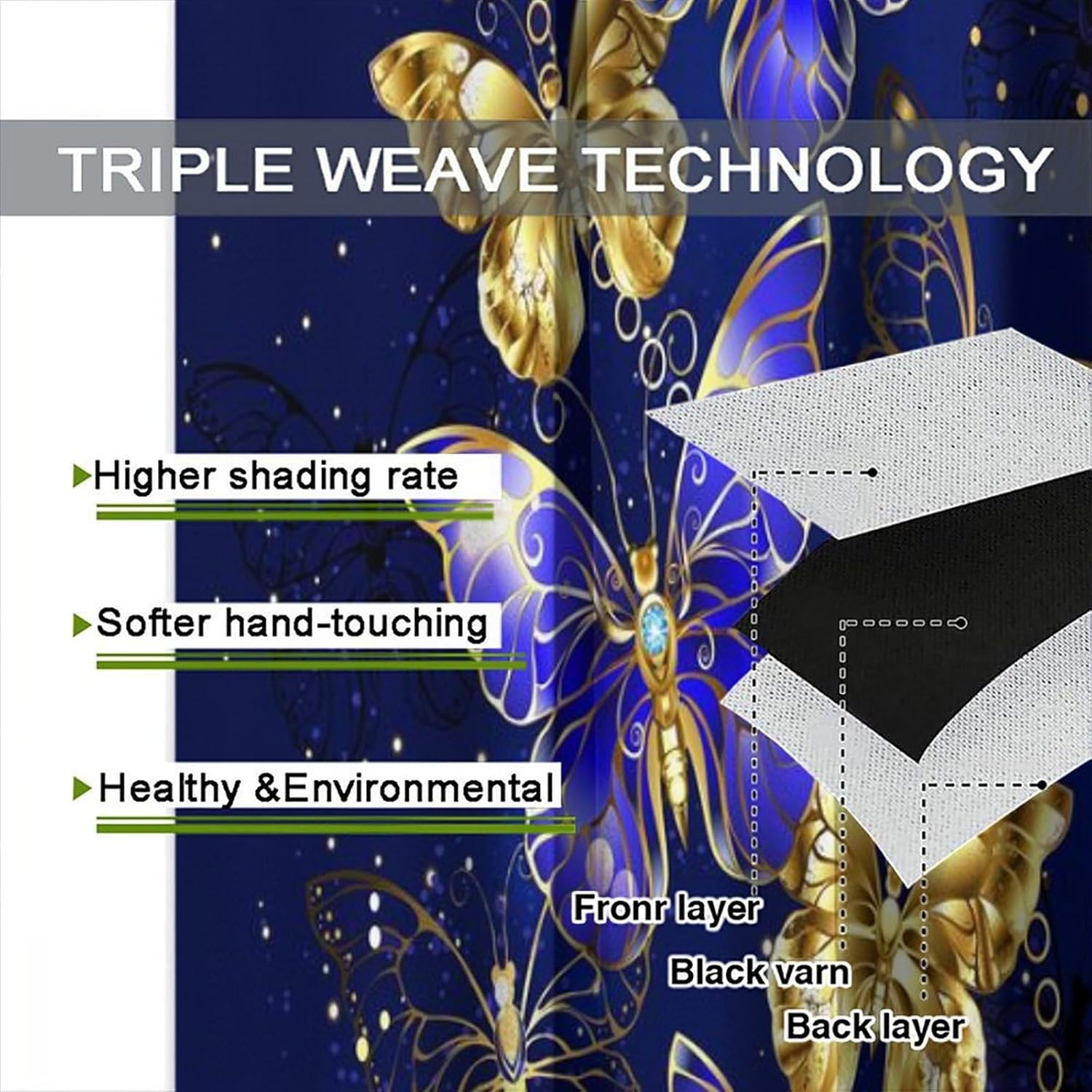 Girls Butterfly Curtains, Starry Sky Galaxy Shining Light Golden Blue Purple Sparkling Windiw Treatments for Girls Woman Teens Bedroom Living Room Home Blackout Drapes 63x63 Inch