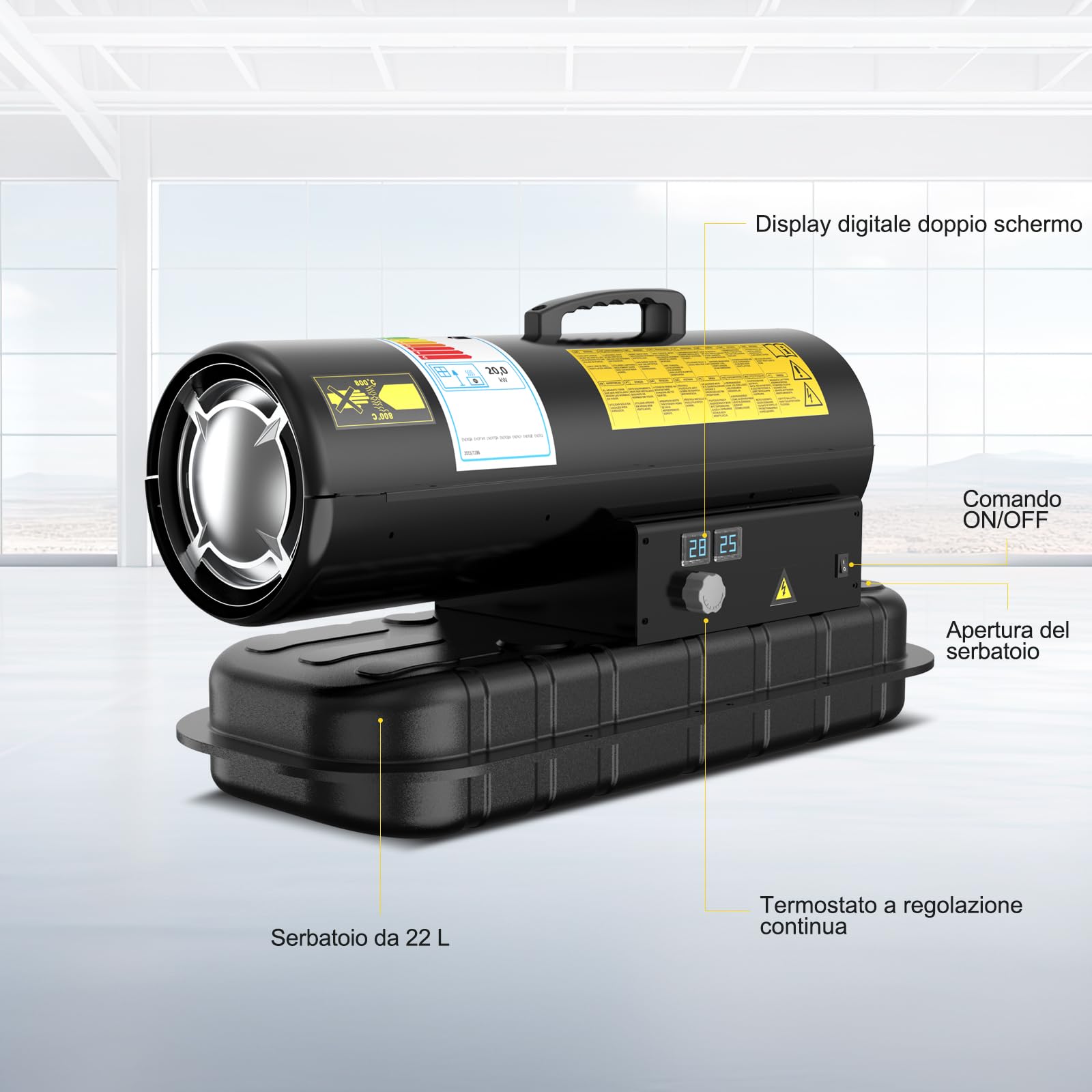 Riscaldatore Diesel 20 kW - Termoventilatore Industriale | Portata 550 m³/h - Termostato Regolabile & Indicatore Livello Gasolio - Per Officine, Cantieri, Uso Agricolo