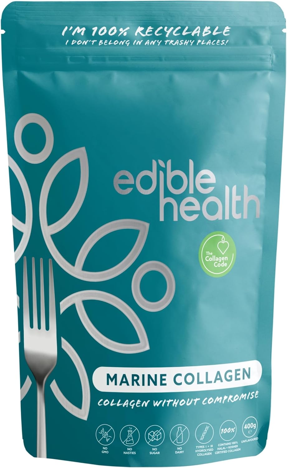 Edible Health High Protein Marine Collagen Powder – Hydrolyzed Peptides for Diet & Everyday, Carb Free Supplement, 400g Pouch, 30-Day Supply