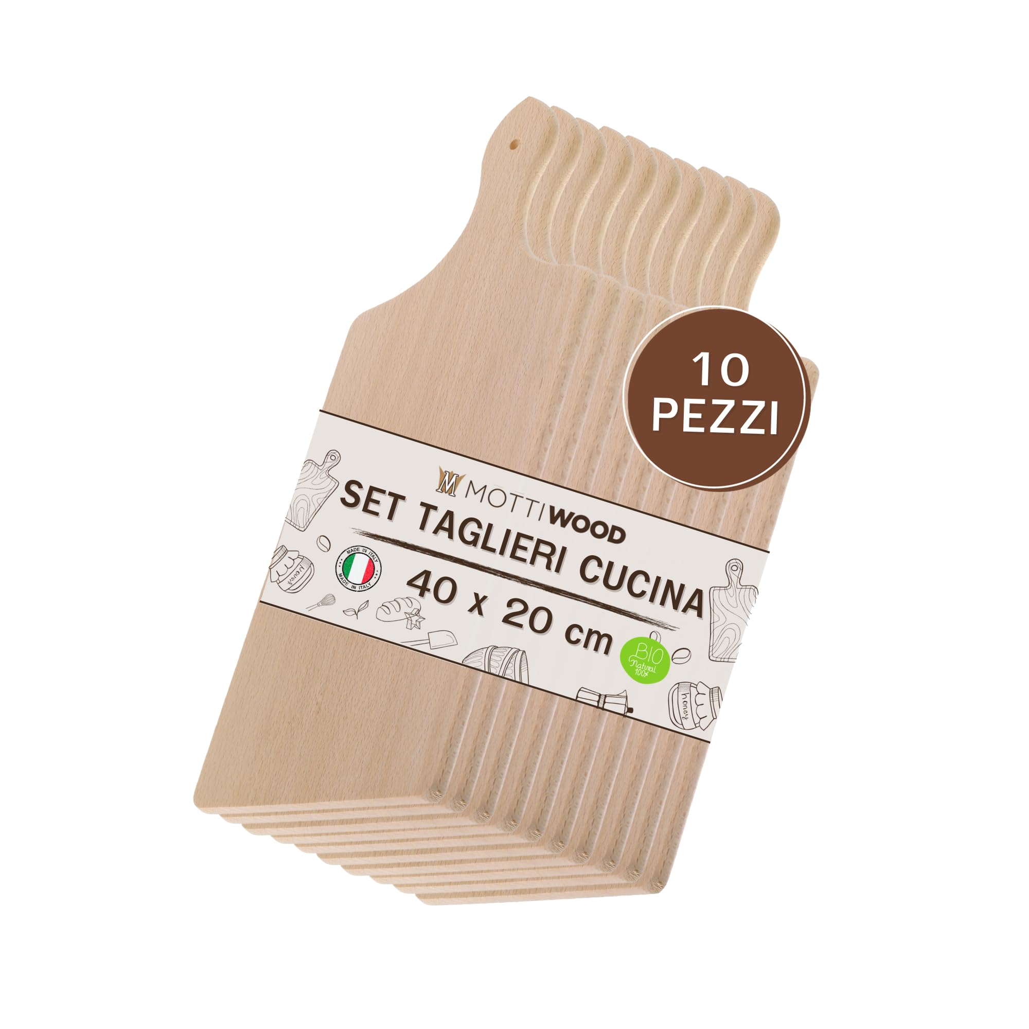 Set 10 Taglieri da Cucina con Manico, 100% Legno Faggio, Perfetto per Tagliare e Servire, Dimensioni 40x20x2hcm, Alta Resistenza, Made in Italy
