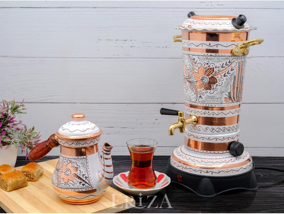 Electric Copper Samovar 2.9 Liter 220V Turkish Tea Maker, White Kettle with Embossed Design for Home - White