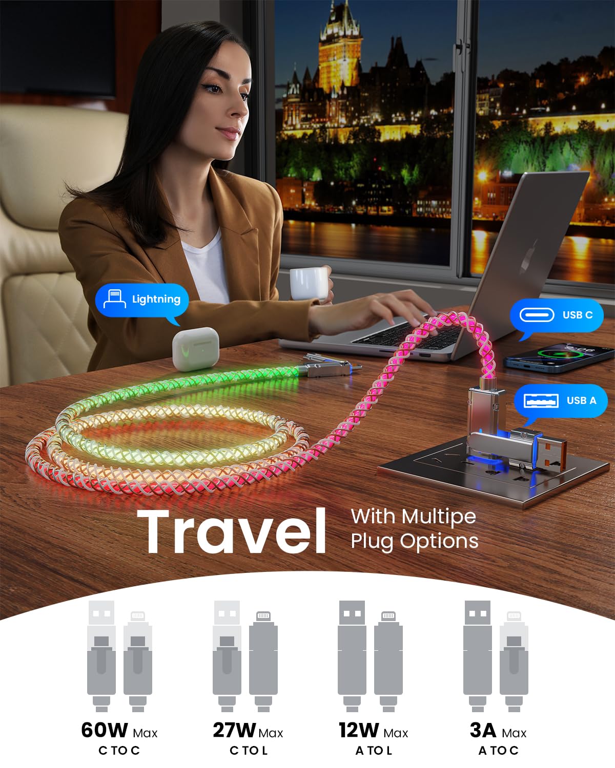 Light Up USB-C and Lightning Cable 2-in-1,3FT iPhone 15 16 Car Charger Cord RGB Led Glowing Charger 60W Fast Charging Cable for iPhone 16/15/14,Galaxy Supports Apple CarPlay & Android Auto