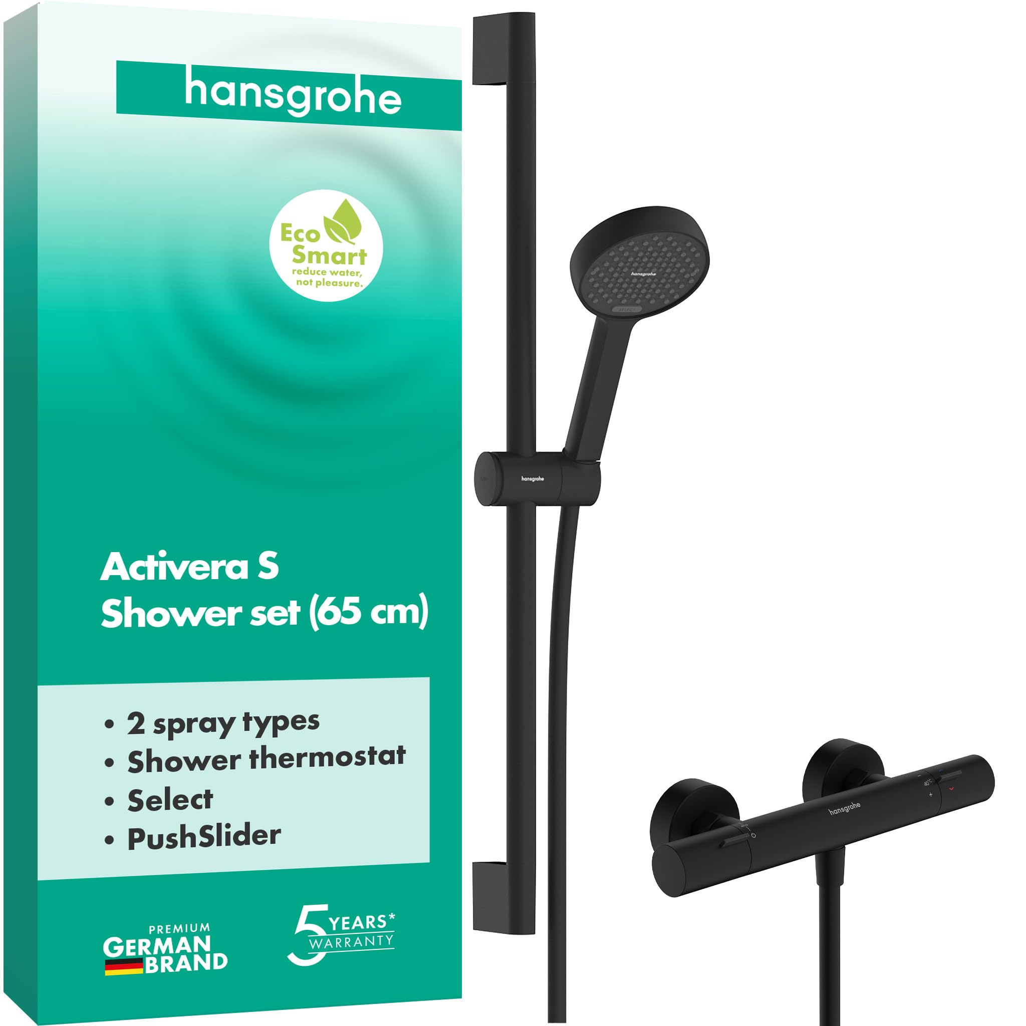 hansgrohe Activera Select S - zestaw prysznicowy z bateria termostatyczna Ecostat Fine, oszczędzająca wodę główka (EcoSmart), wąż prysznicowy, drążek prysznicowy z suwak, czarny matowy, 28876670