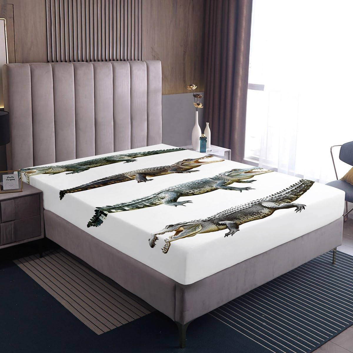 Erosebridal Teens Crocodile Bedding Set, Alligator Pattern Fitted Sheet for Kids Boys Girls Teens Wildlife Animal Sheet Set Queen Size Exotic Top Sheet 3 Pcs with 2 Pillow Cases
