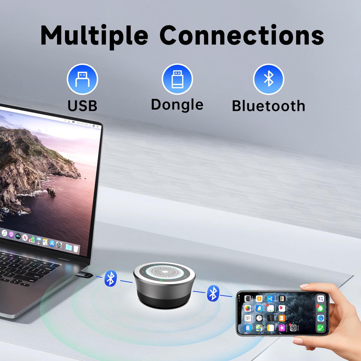 Horion HM-5U Conference Speaker and Microphone with AI, Bluetooth Speakermic for Conference Calls, 8 Mics, 32kHz, 26ft Voice Pickup, 8 Speakerphones Daisy-Chained, Works with Zoom/Microsoft/Teams