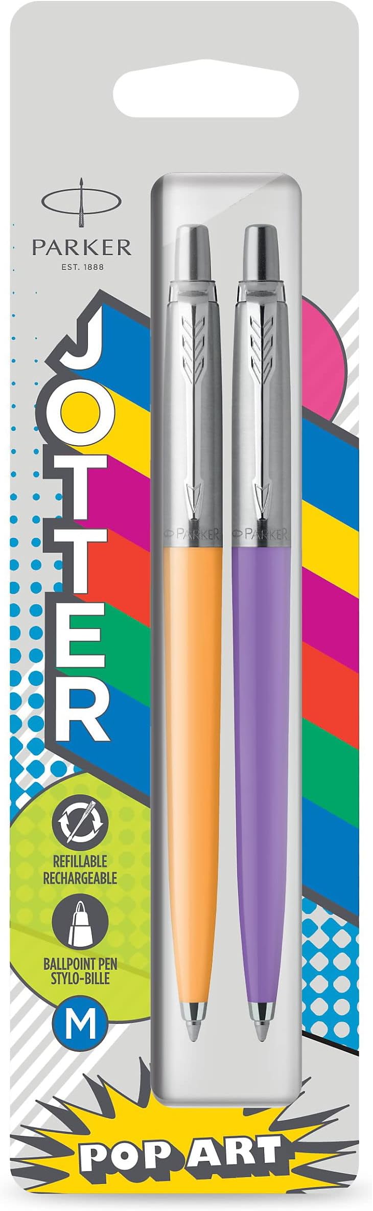 Parker Jotter Original Ballpoint Pen Pop Art Collection Marigold Frosty Purple with Chrome Trim, Medium Point, Blue Ink, 2 Count