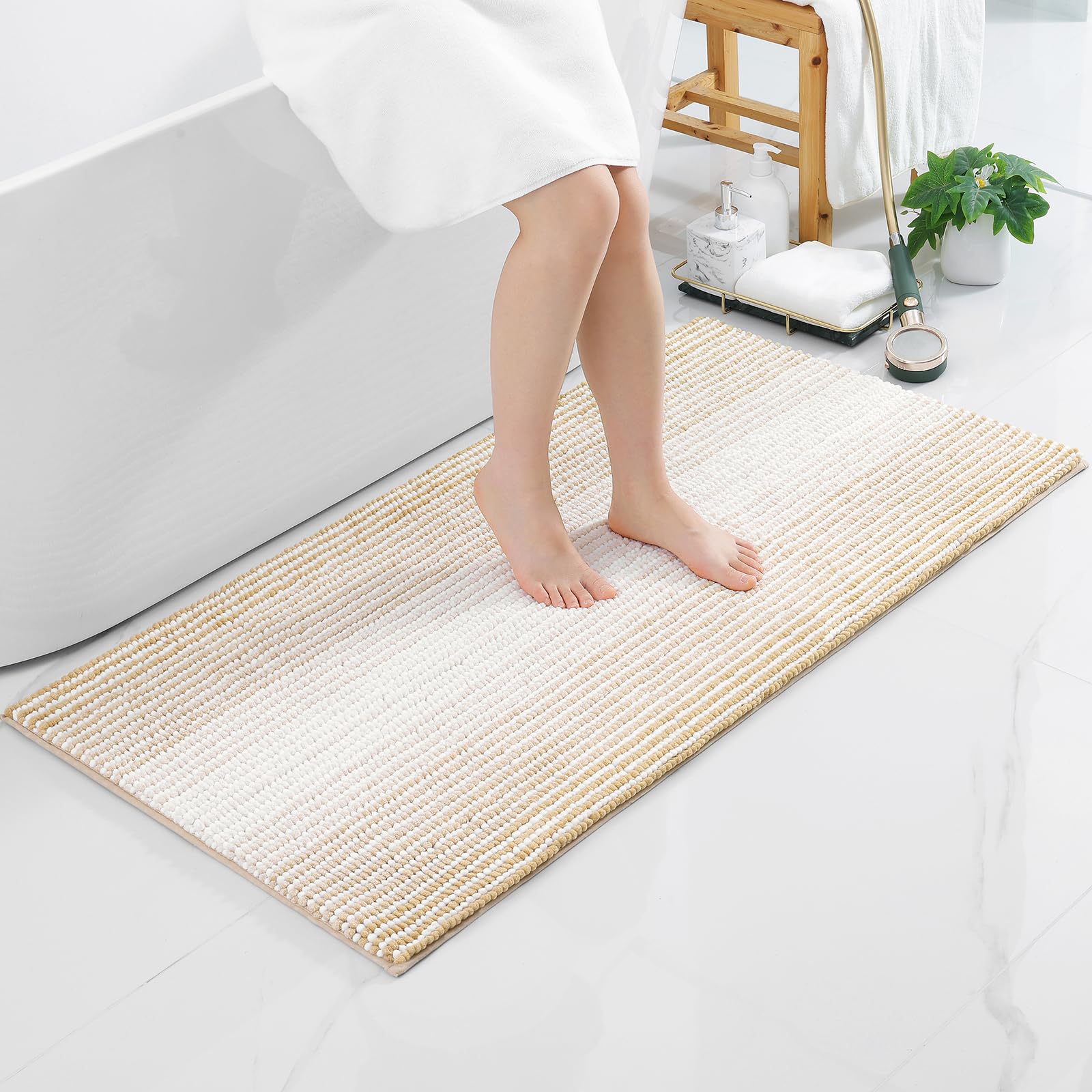 OLANLY Alfombra de baño de chenilla, suave, absorbente, antideslizante, microfibra, lavable, para baño, 60 x 120 cm, color beige