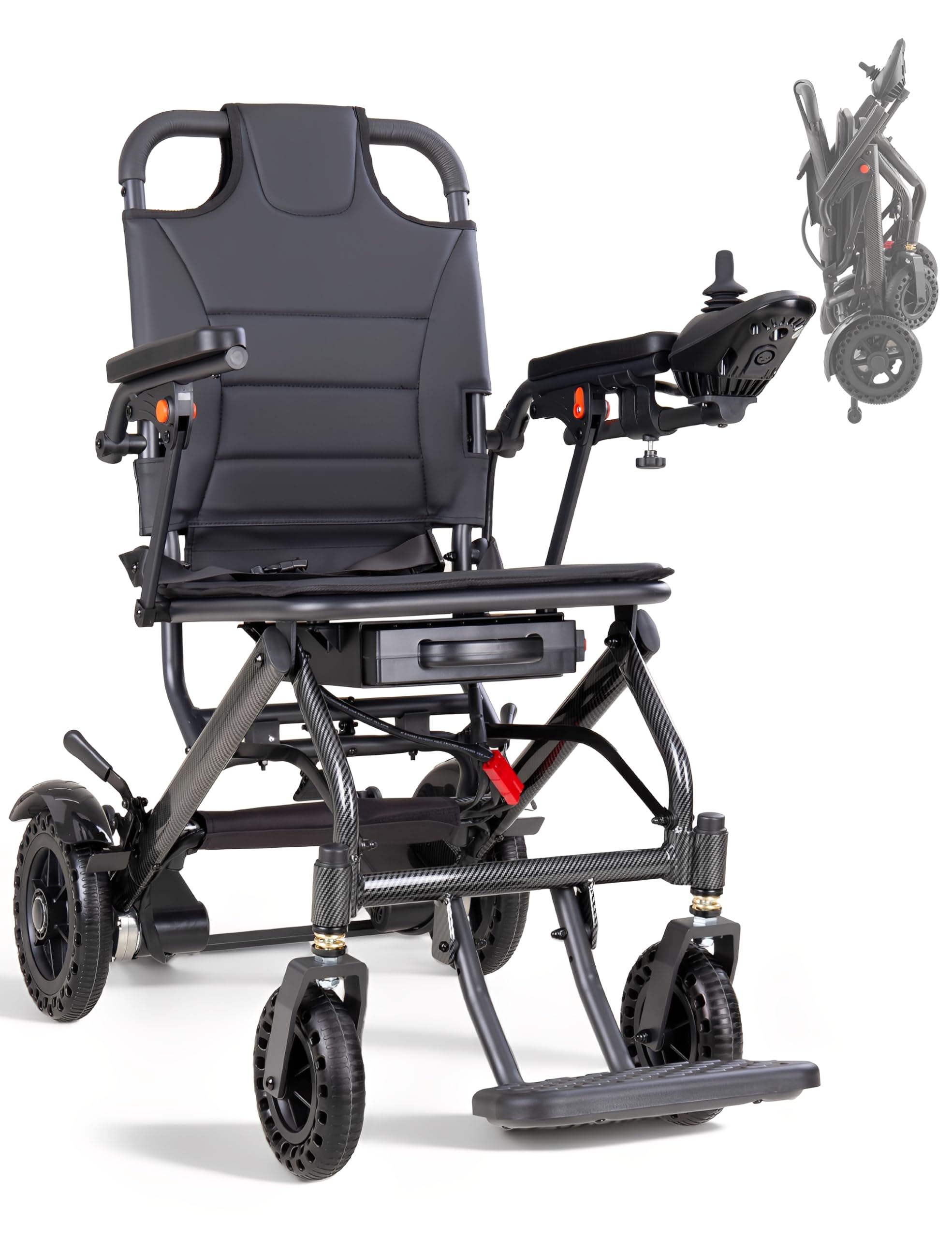 Silla de ruedas eléctrica plegable y ligera de fibra de carbono, pesa solo 17,5 kg, tamaño de viaje, aprobada por aerolíneas, sistema de frenado doble, sillas de ruedas motorizadas portátiles para