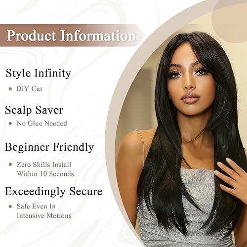 Miniatura 2 de Allbell Peluca larga negra con flequillo, peluca recta en capas para mujer, aspecto natural, resistente al calor, pelo sintético para uso diario o