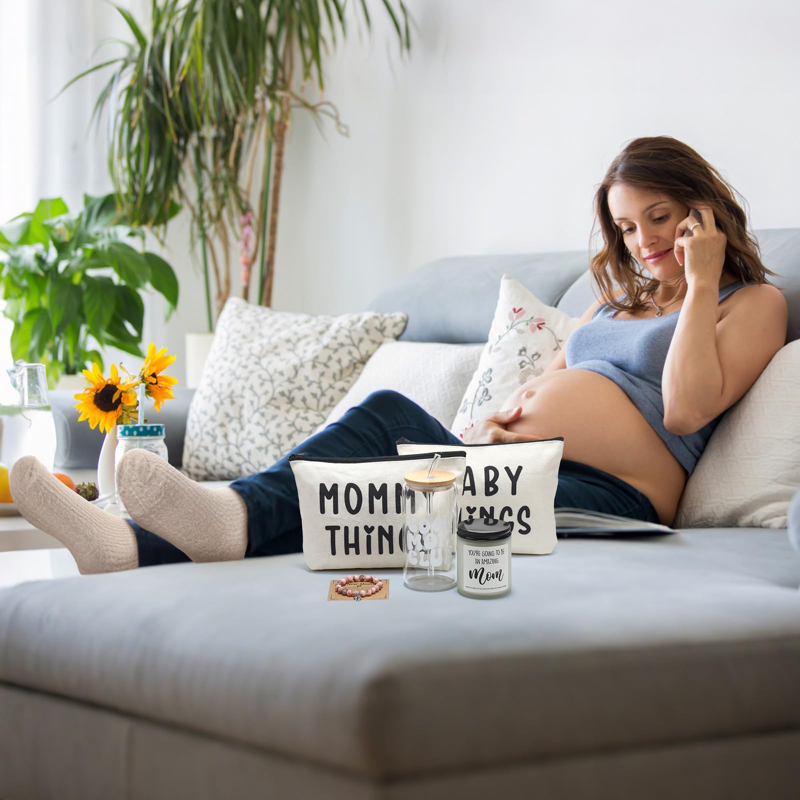 Maxdot Paquete de 8 piezas para el cuidado de la nueva mamá después del nacimiento, cesta de regalo para mujeres embarazadas, kit de regalo posparto con taza de vidrio para baby shower, esperando que
