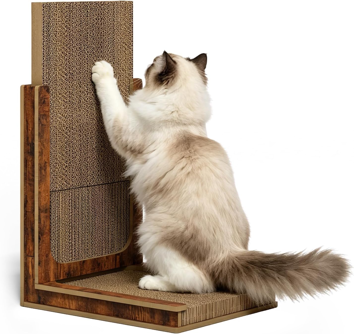 Replaceable Cardboard Cat Scratcher, Easy 30-S Assembly & 3-Second Swap, Adjustable Height (16.9” or 23.6”) with 1 Full Pad Set, L-Shaped Reusable Frame