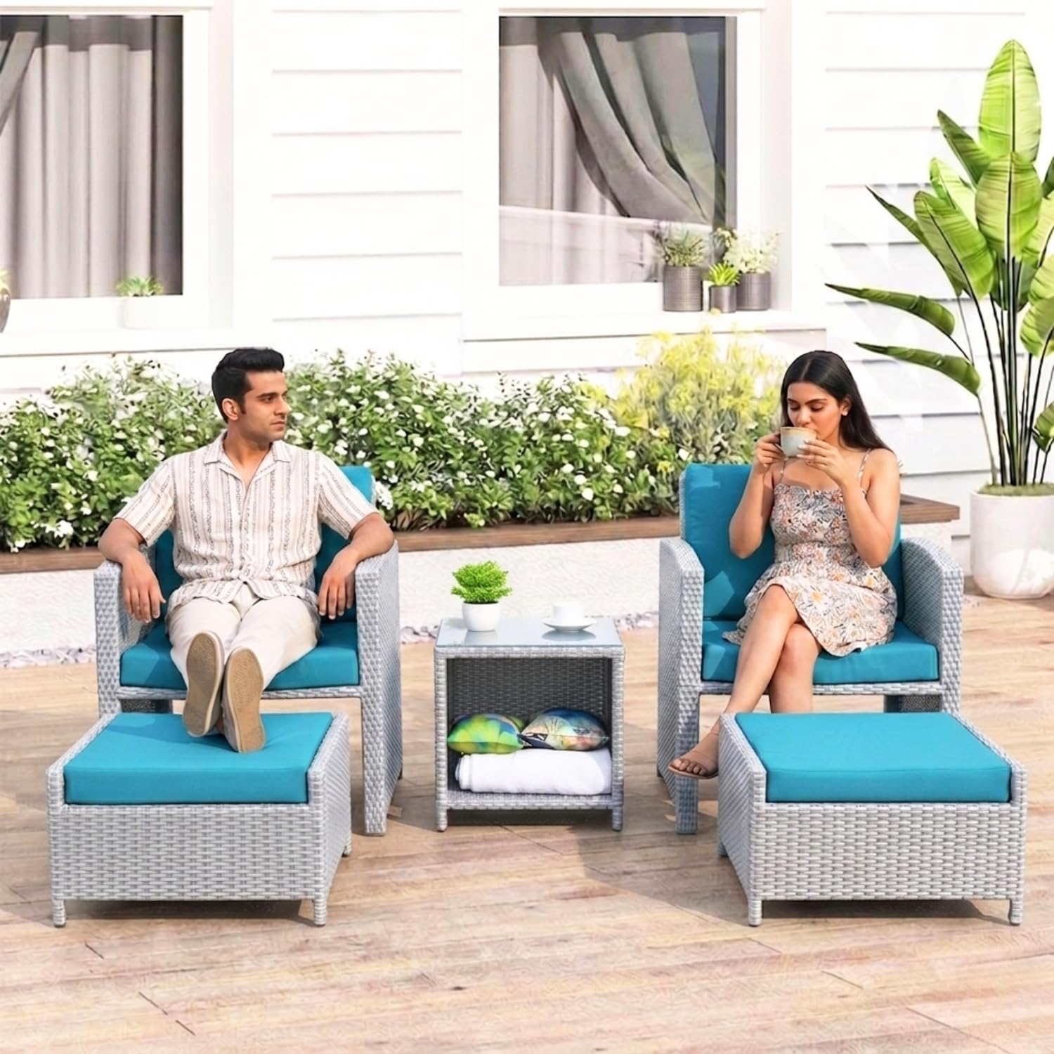 DEVOKO Valencia 5 Piece All Weather Rattan Wicker Patio Sofa Set with Water Resistant Cushioned Chairs with Glass Top Table & Ottomans for Garden, Pool, Porch, Backyard (Silver Grey & Sky-Blue)