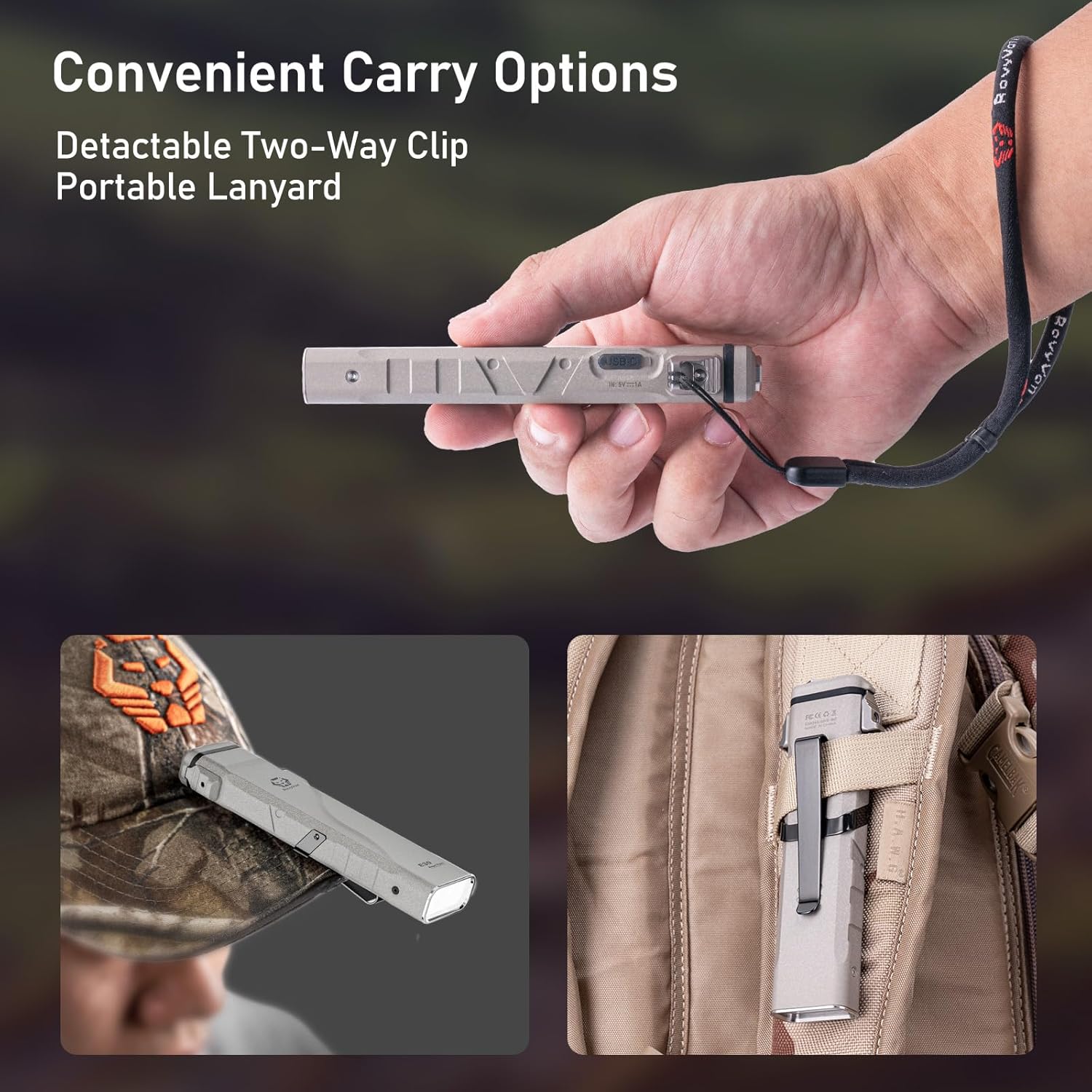 RovyVon E30 flashlight demonstrating convenient carry options with two-way clip and lanyard