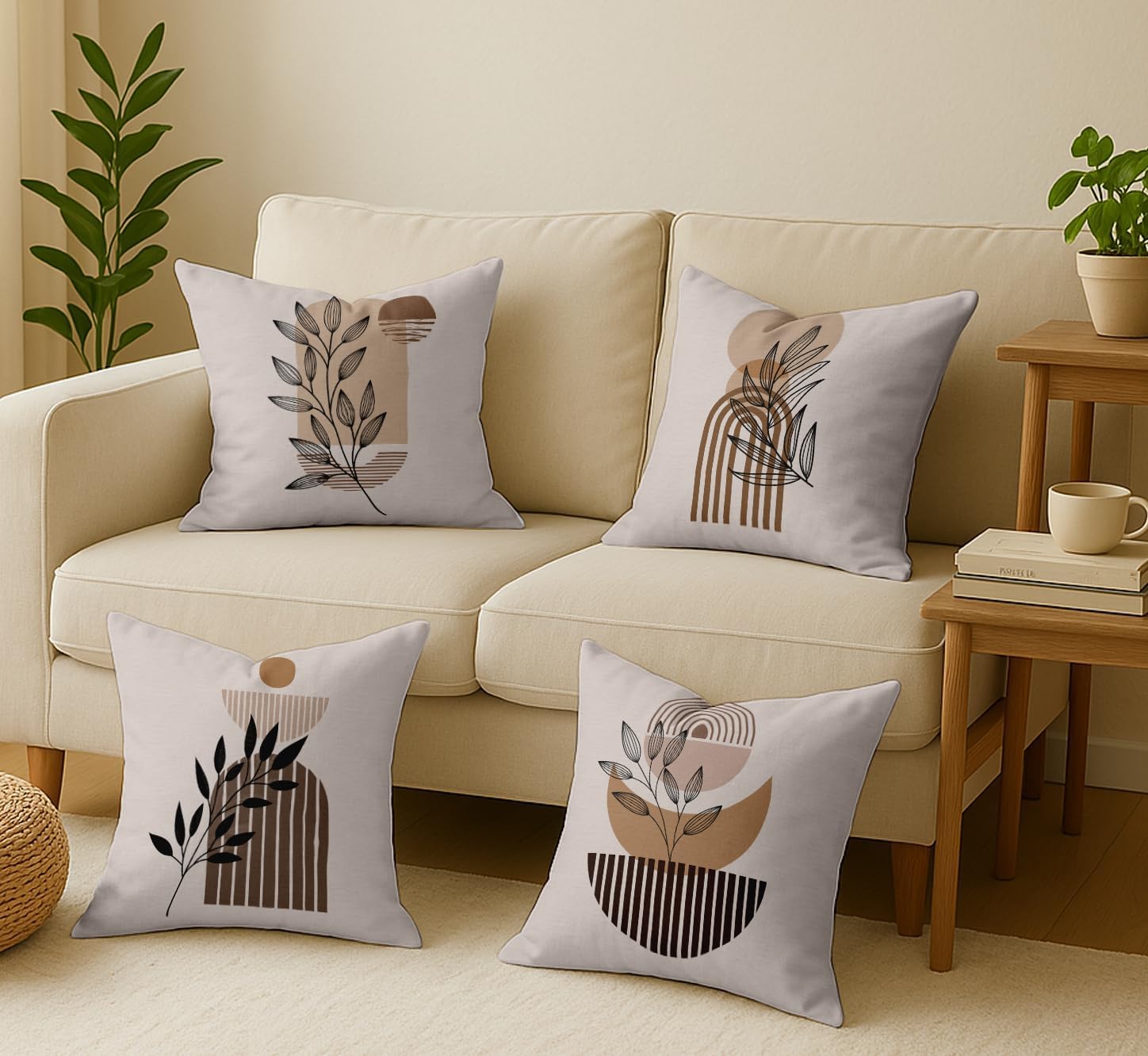 Set of 4 16x16 Inch Pillow Covers - 100% Cotton, Decorative Leaves Print, Double-Sided Print with Concealed Zipper - Filler Not Included - Off White